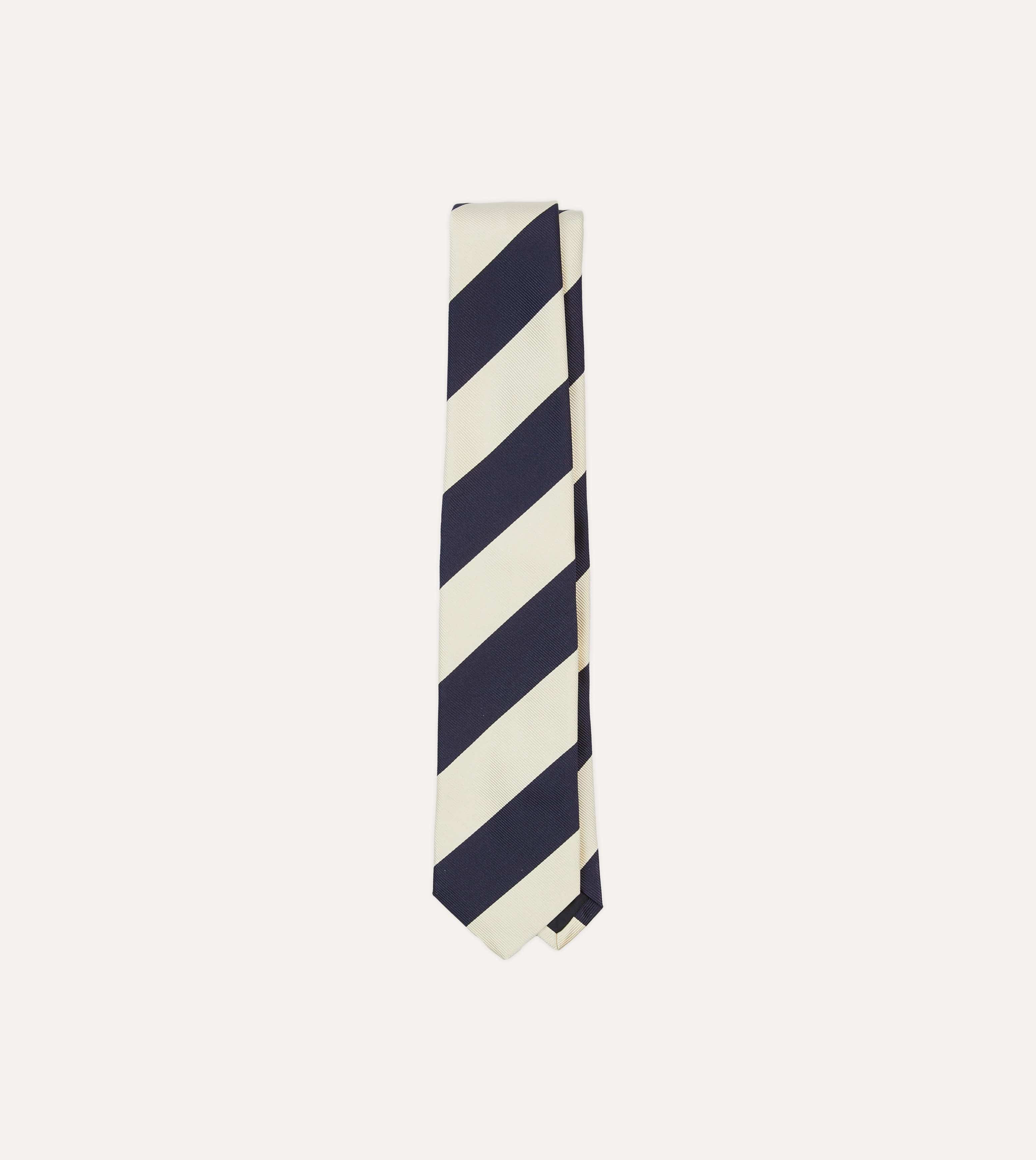 Ecru and Navy Block Stripe Repp Silk Tipped Tie
