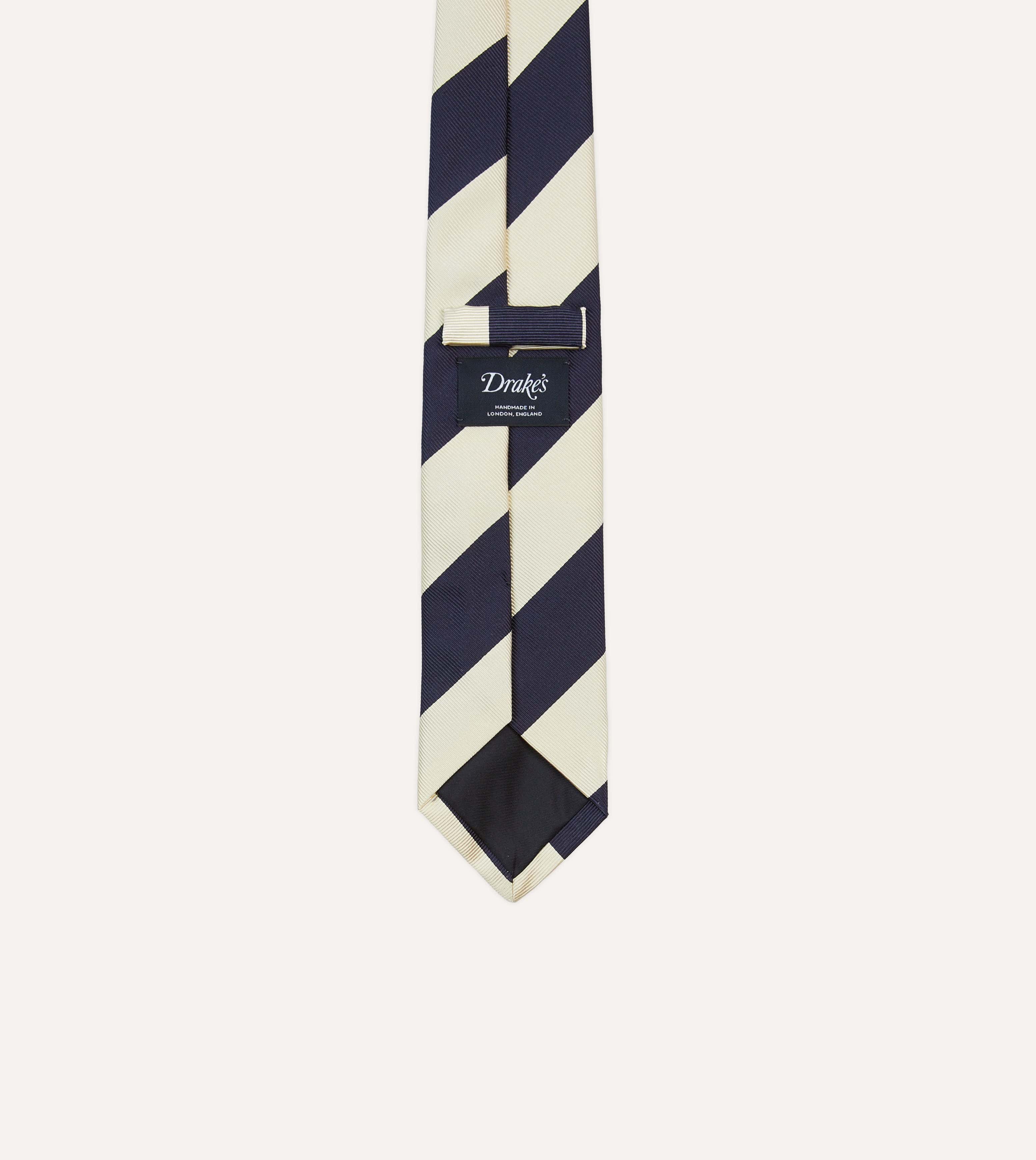 Ecru and Navy Block Stripe Repp Silk Tipped Tie