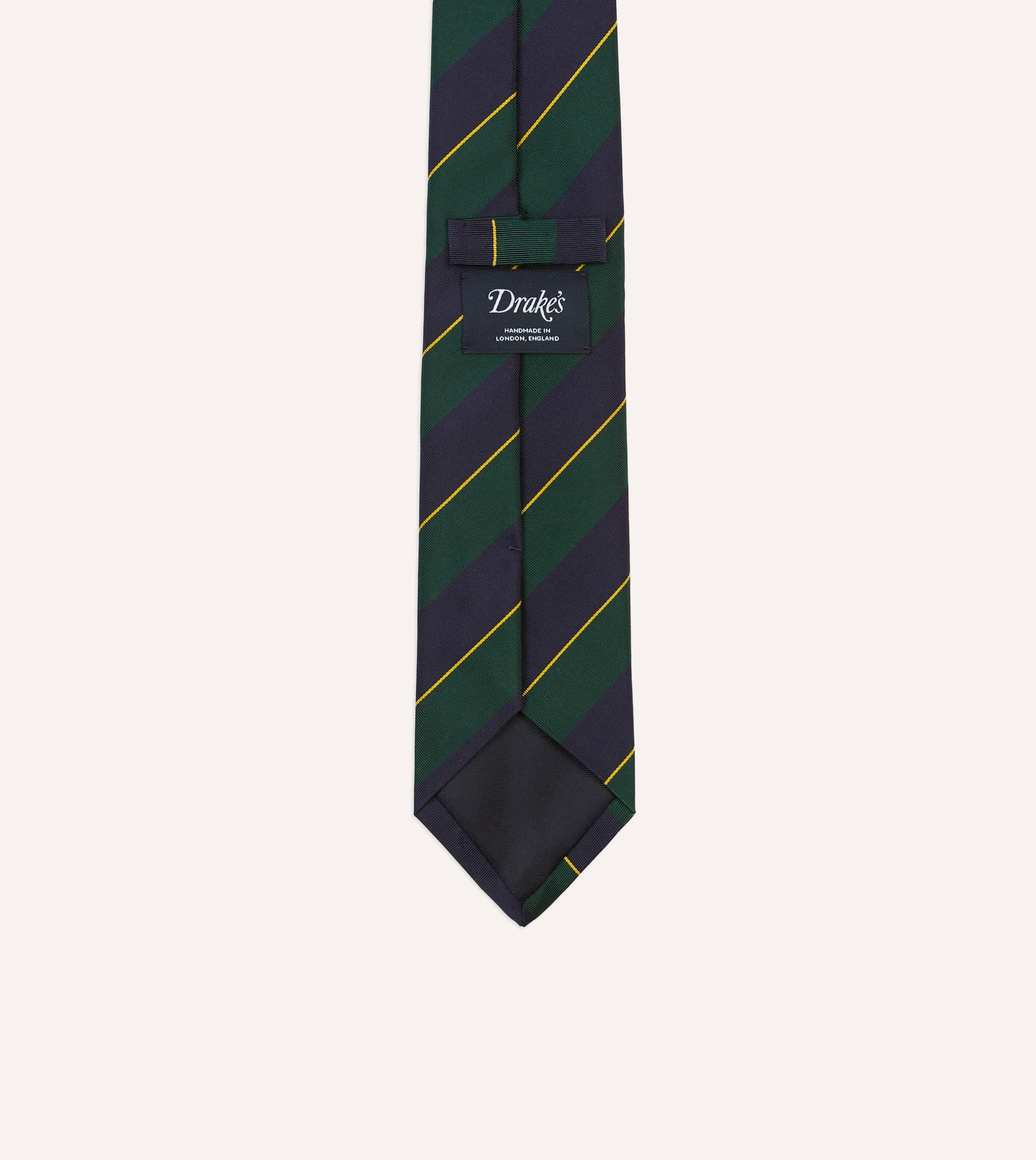 Navy, Green and Yellow Fine Stripe Mogador Silk Tipped Tie