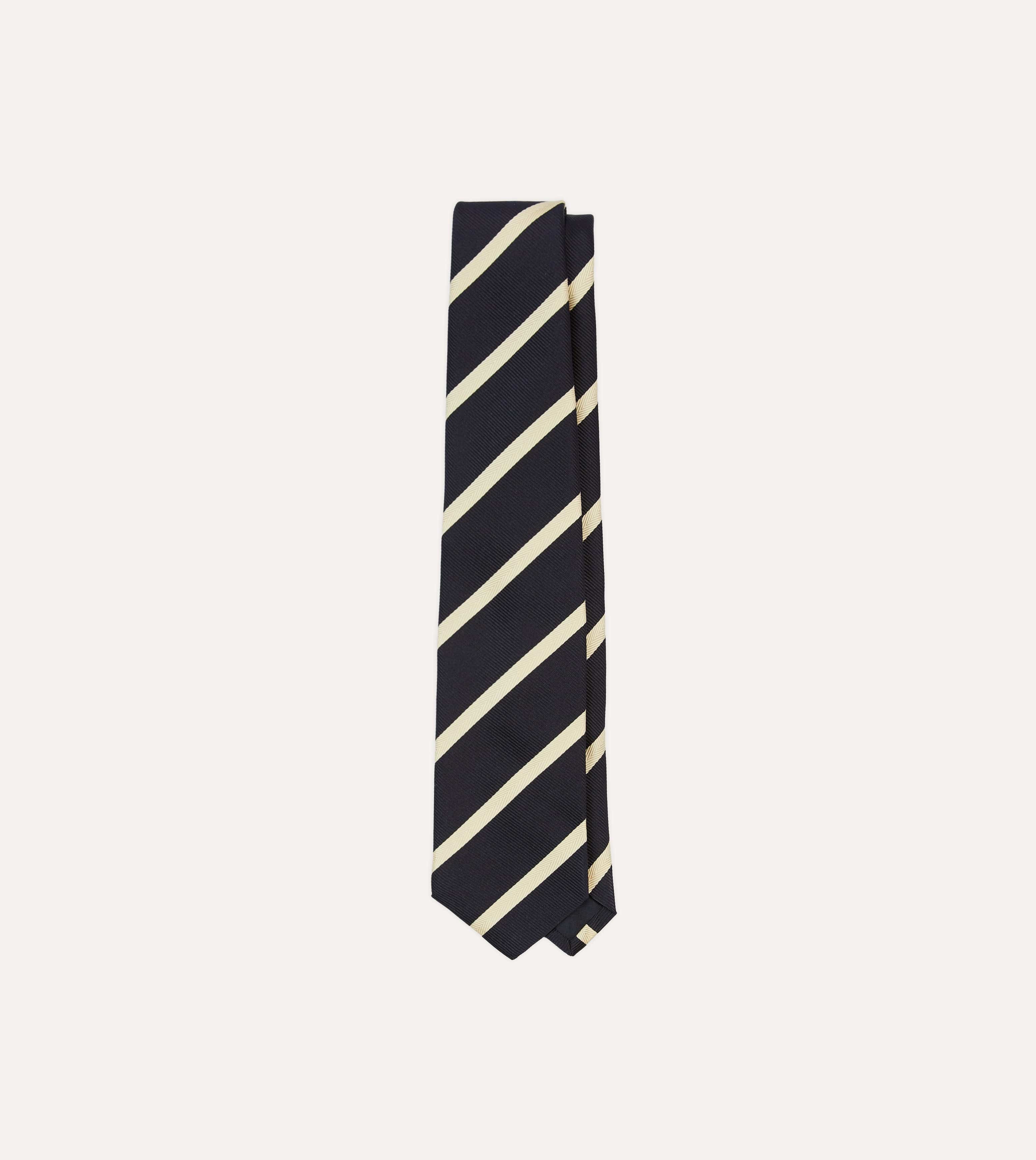 Navy and Ecru Herringbone Bar Stripe Mogador Silk Tipped Tie