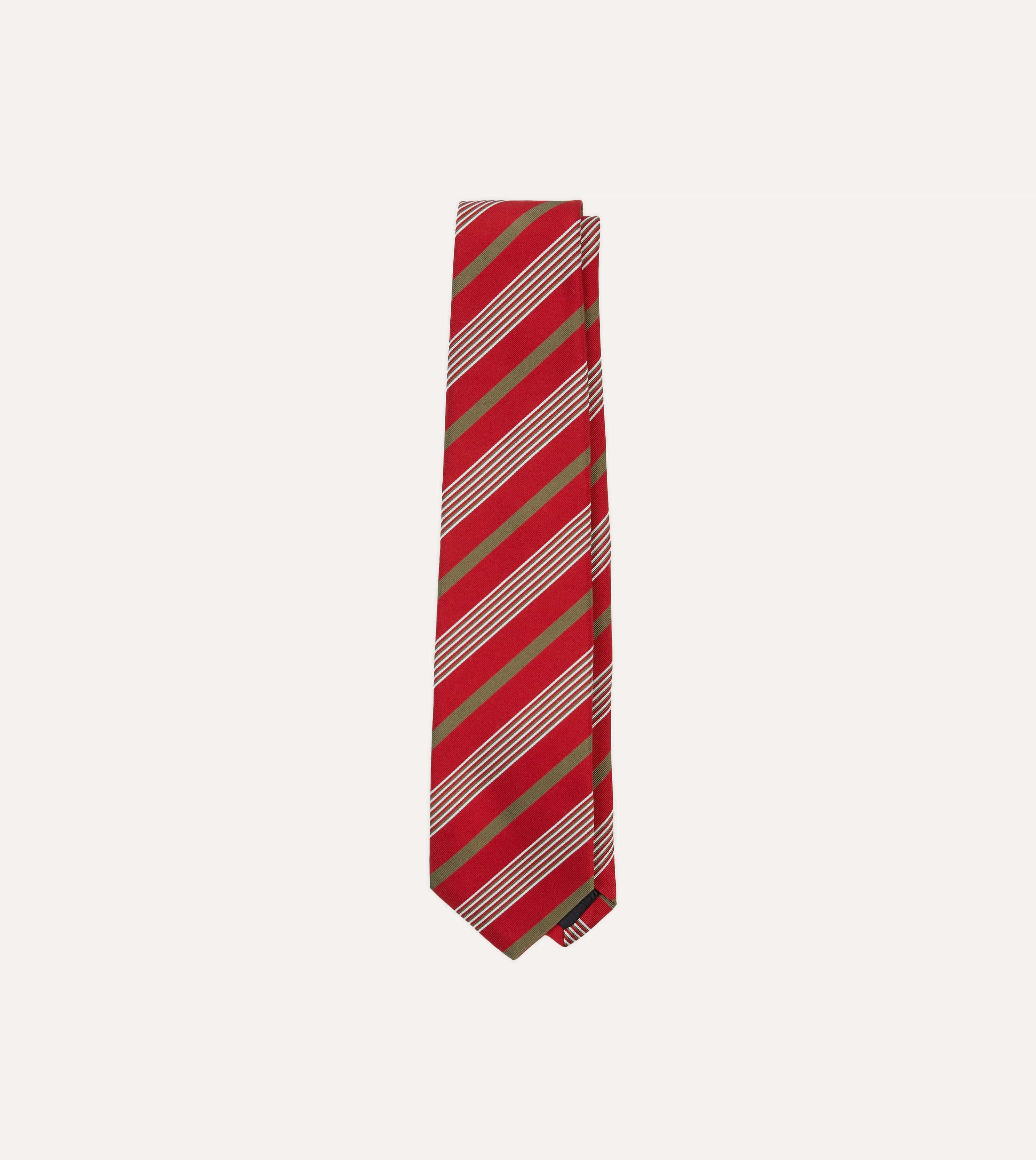 Red, Olive and White Multi Stripe Mogador Silk Tipped Tie