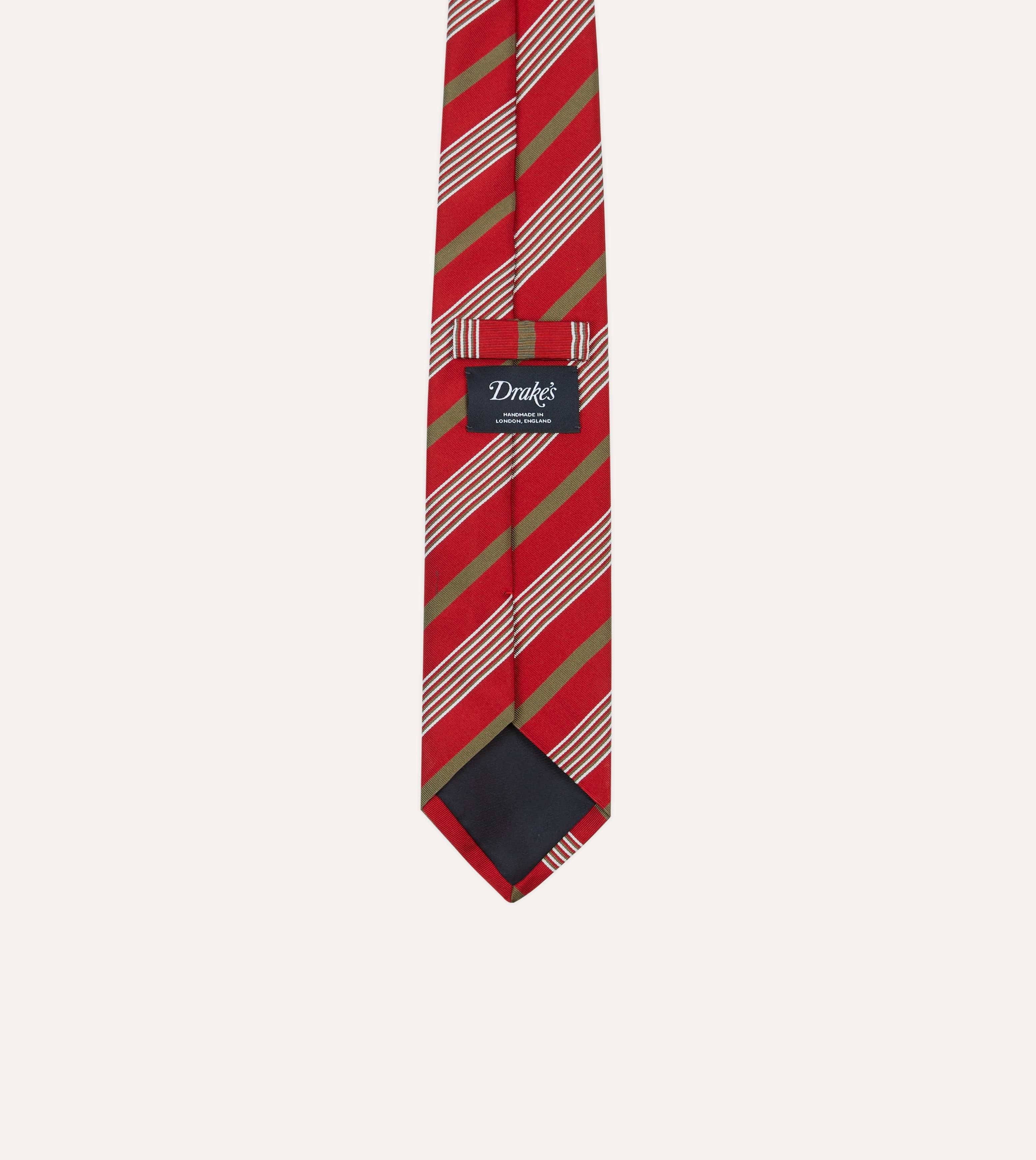 Red, Olive and White Multi Stripe Mogador Silk Tipped Tie