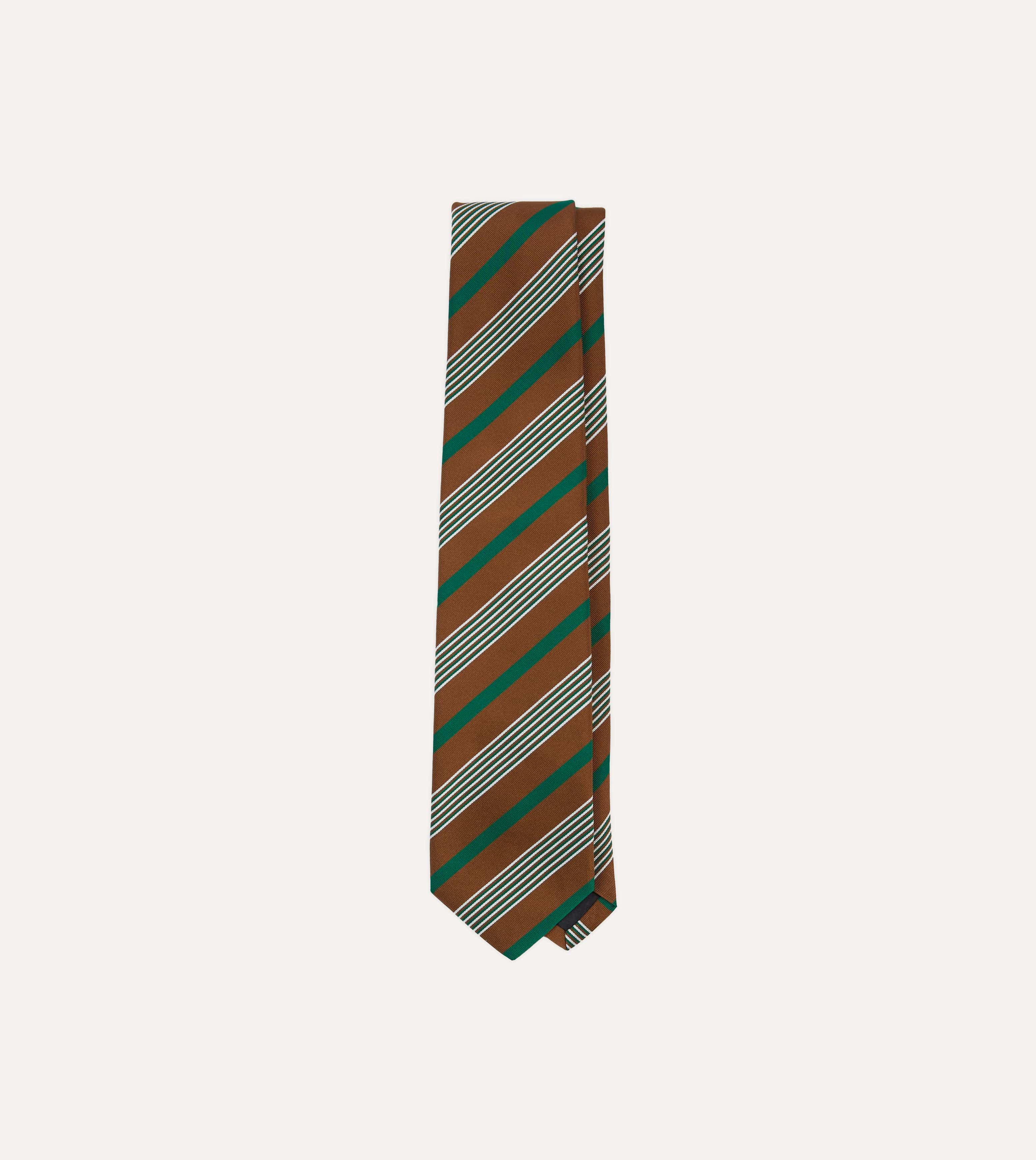 Brown, Green and White Multi Stripe Mogador Silk Tipped Tie