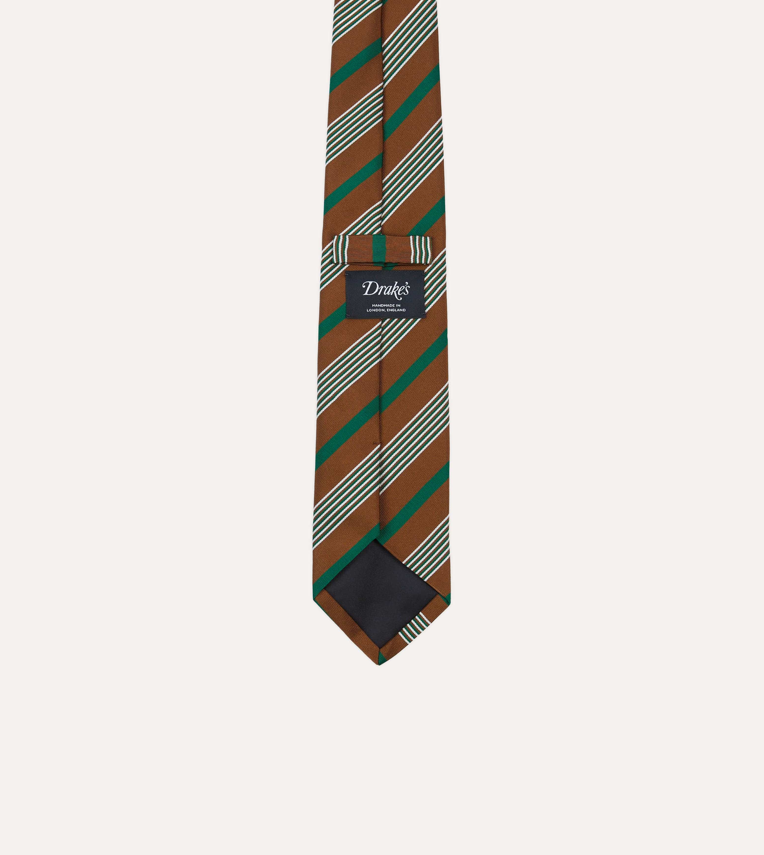 Brown, Green and White Multi Stripe Mogador Silk Tipped Tie