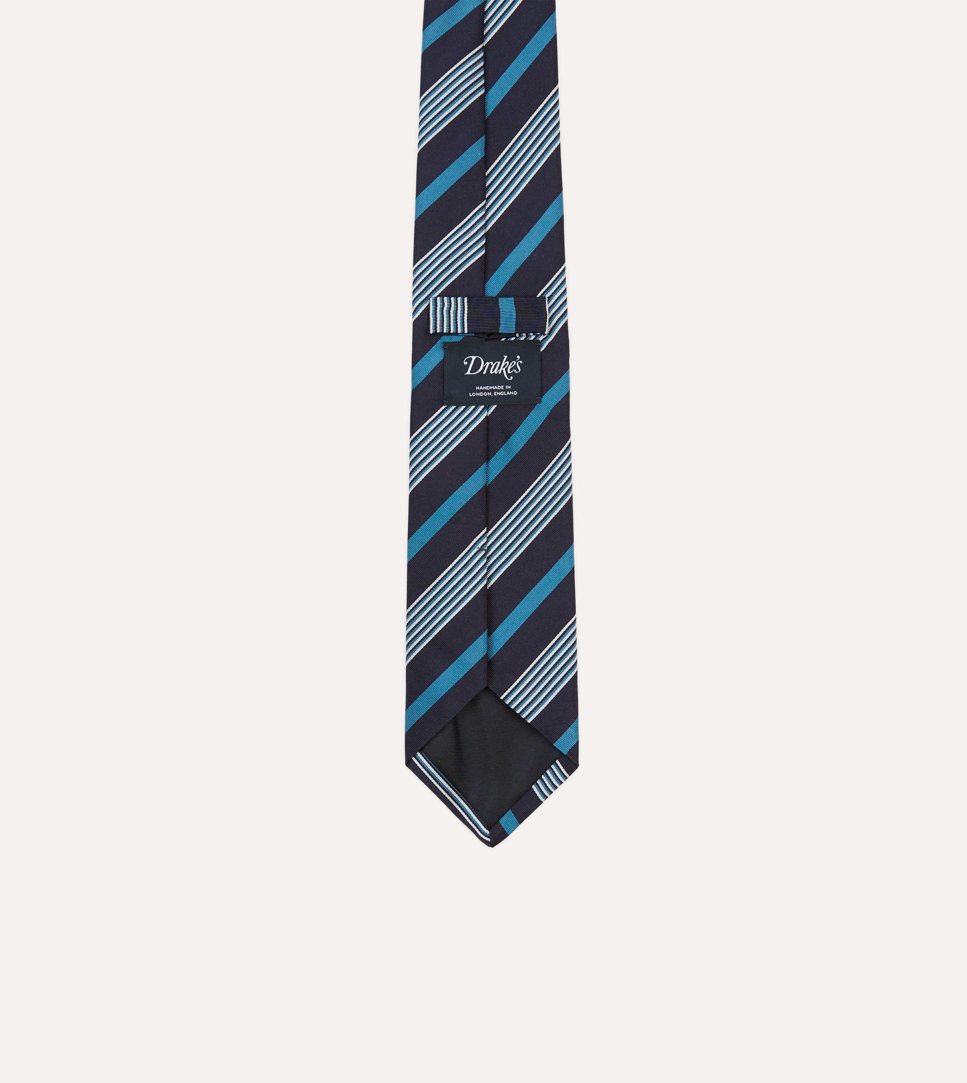 Navy, Blue and White Multi Stripe Mogador Silk Tipped Tie