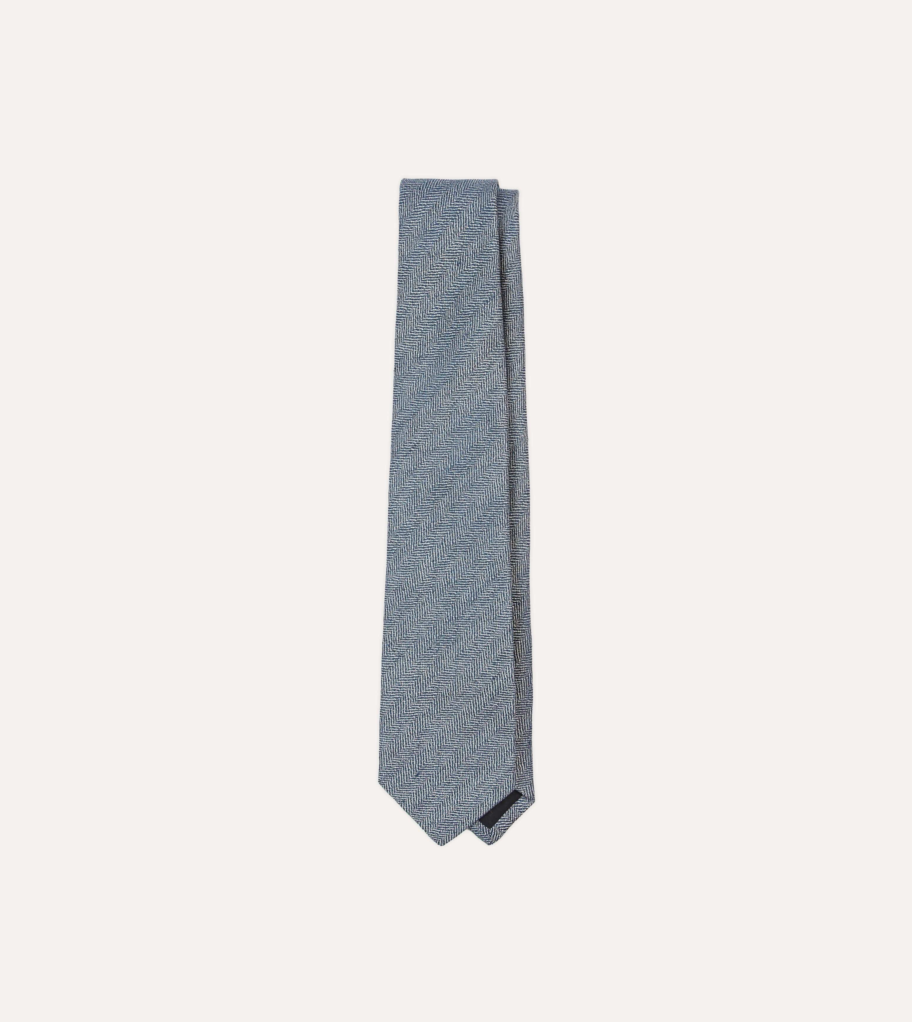 Navy and Ecru Herringbone Linen Silk Tipped Tie