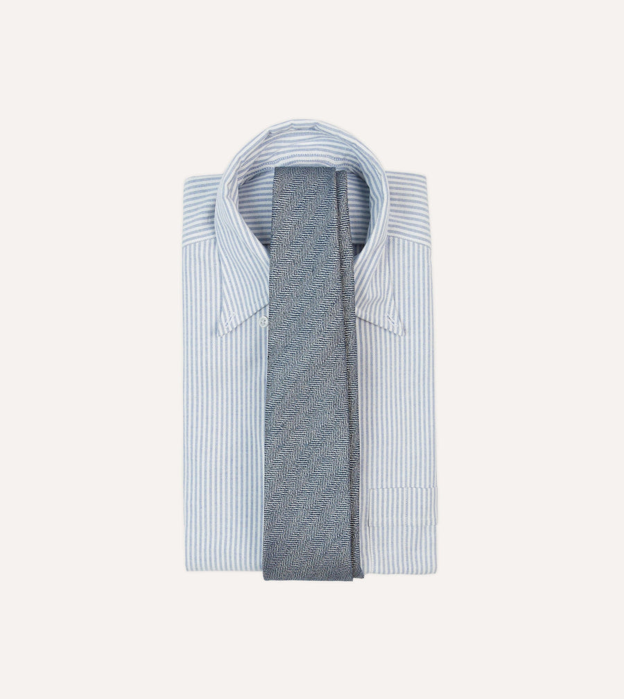 Navy and Ecru Herringbone Linen Silk Tipped Tie