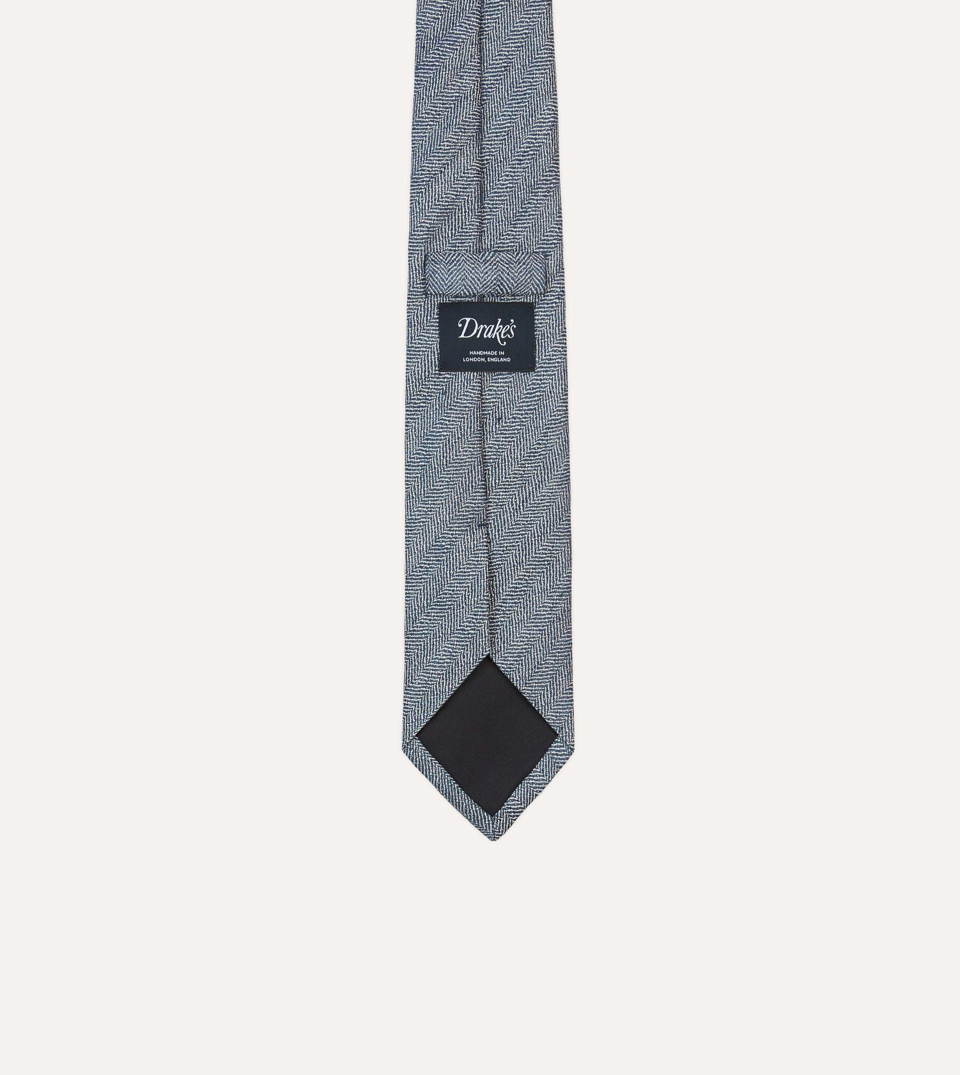 Navy and Ecru Herringbone Linen Silk Tipped Tie