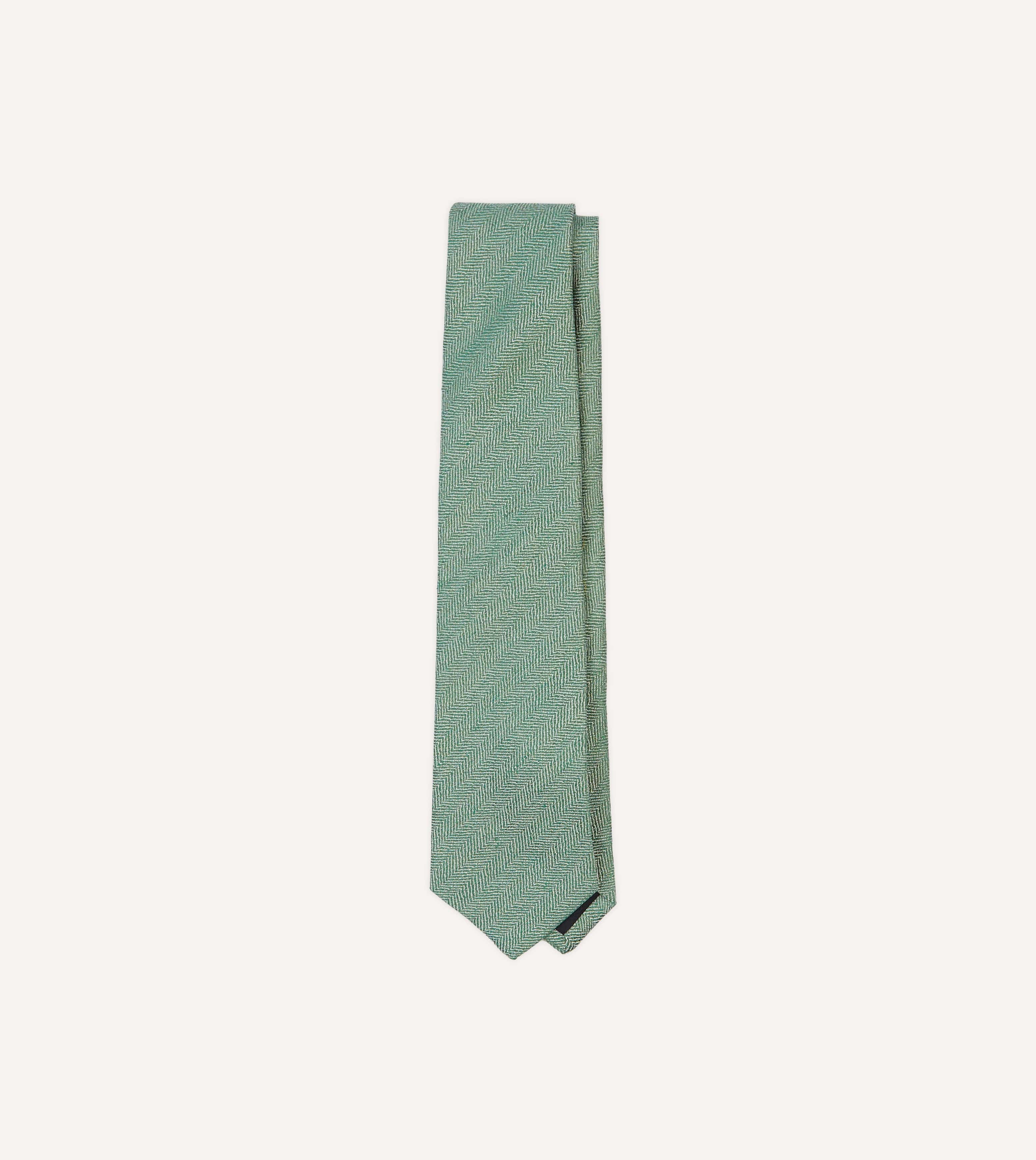 Green and Ecru Herringbone Linen Silk Tipped Tie