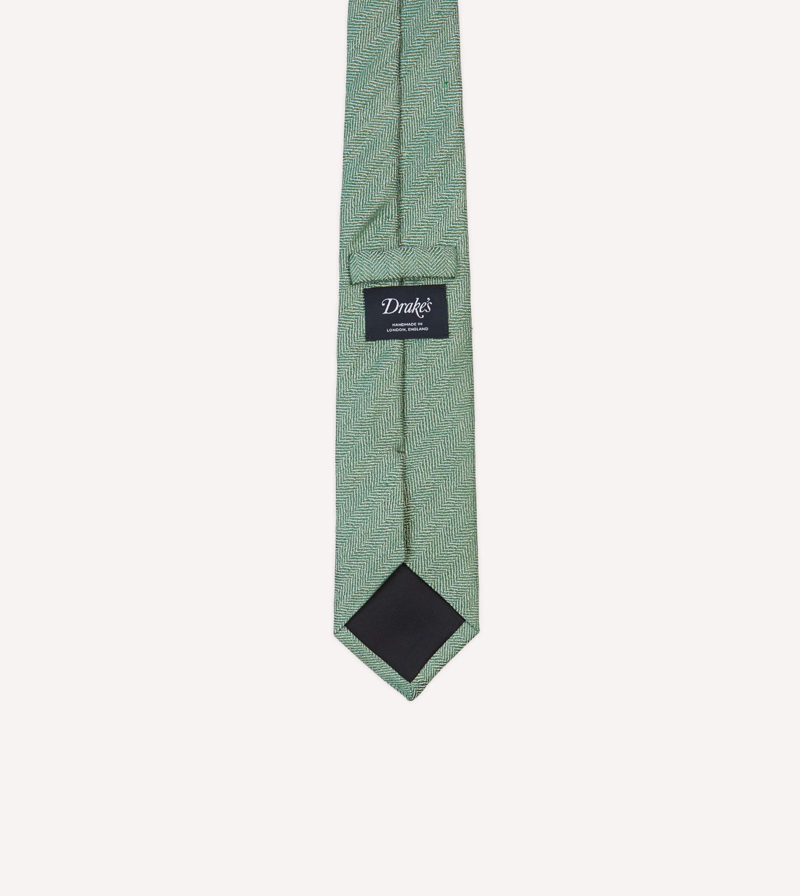 Green and Ecru Herringbone Linen Silk Tipped Tie