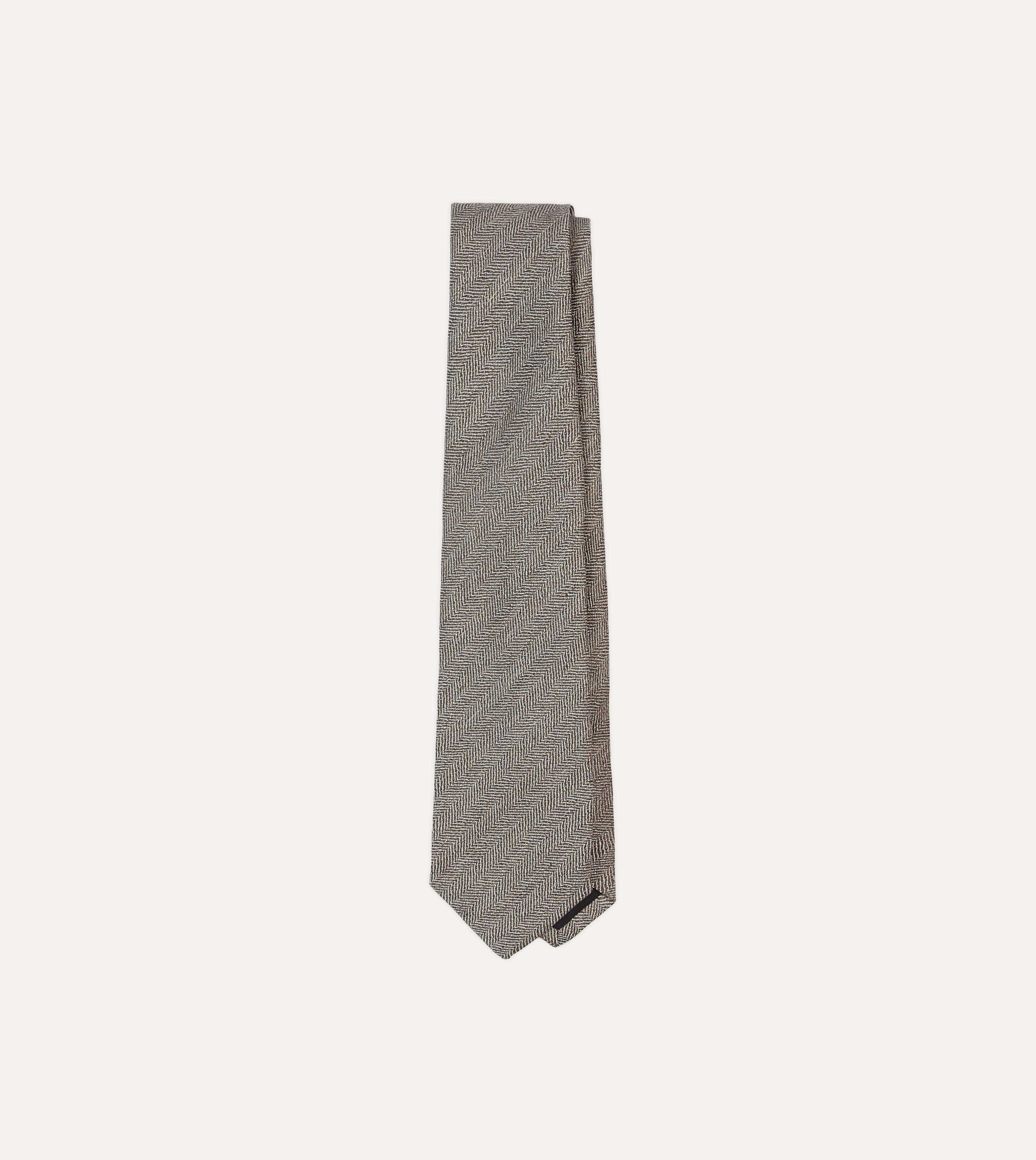 Brown and Ecru Herringbone Linen Silk Tipped Tie