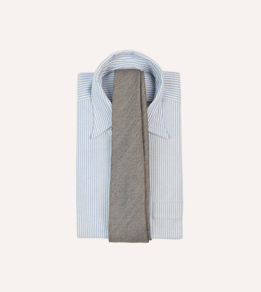 Brown and Ecru Herringbone Linen Silk Tipped Tie
