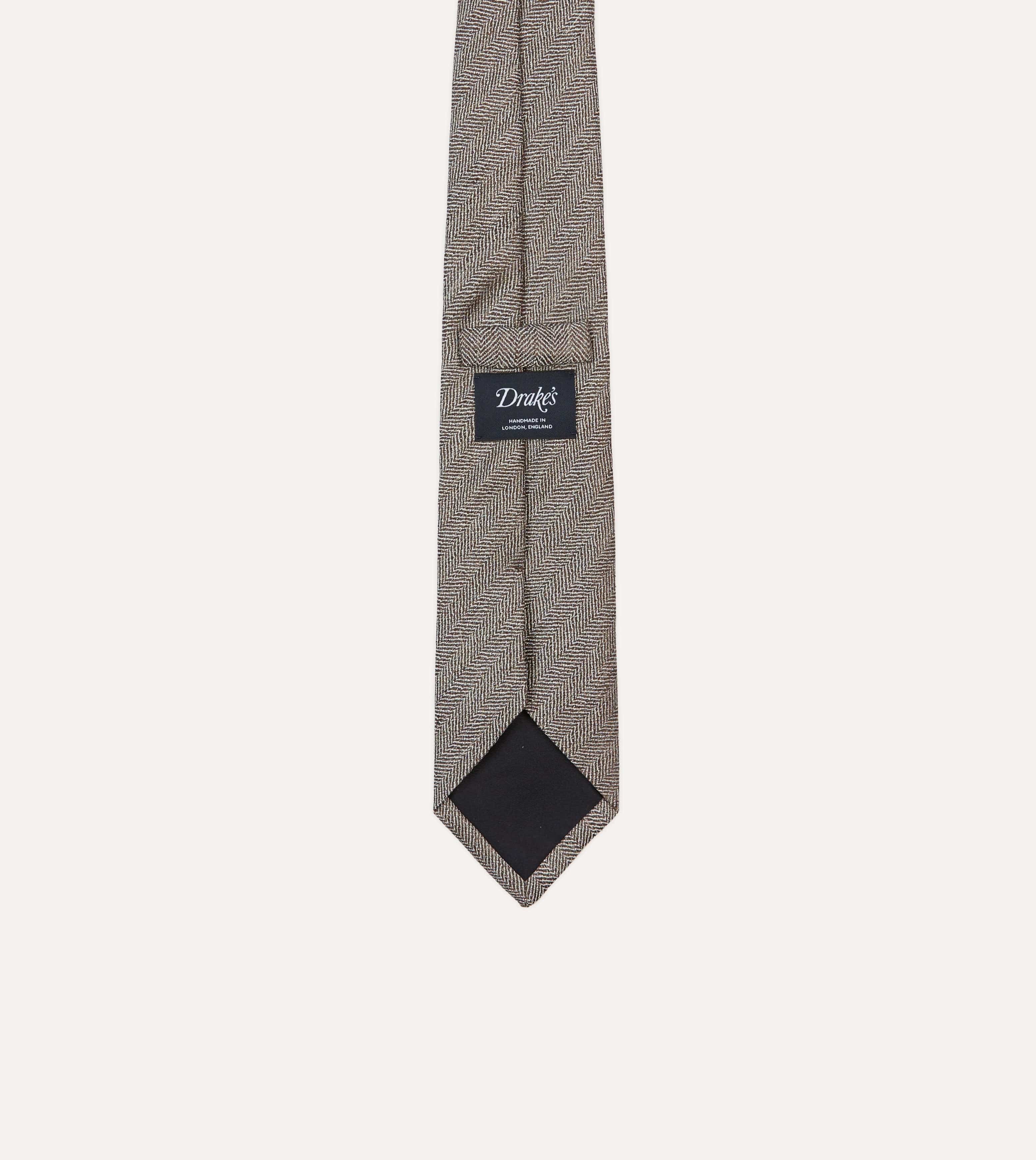 Brown and Ecru Herringbone Linen Silk Tipped Tie