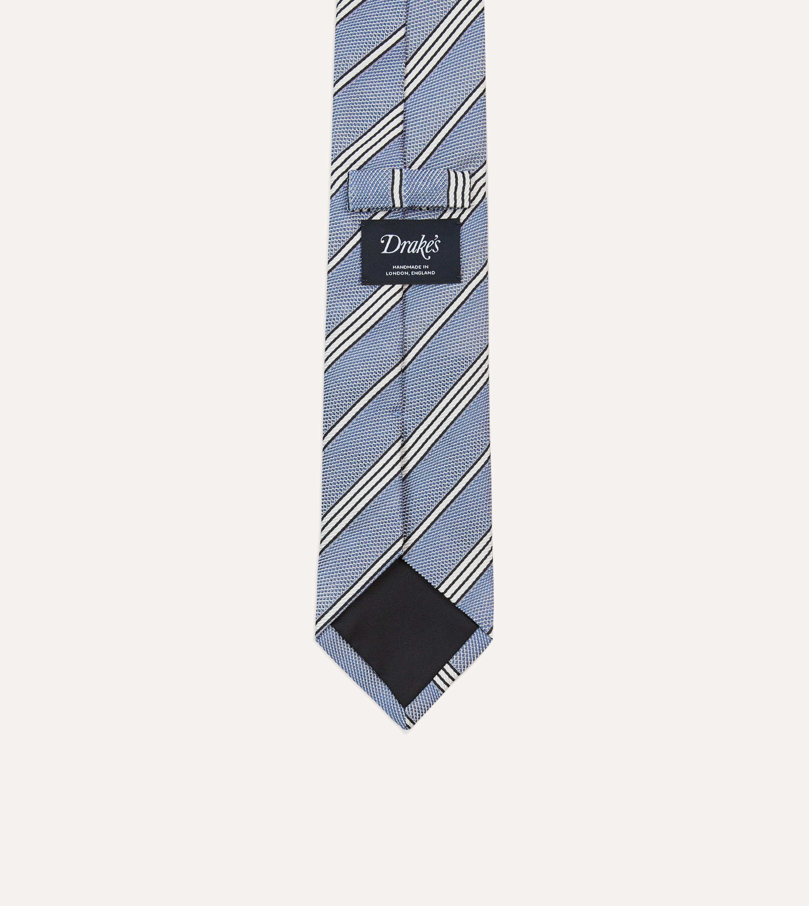 Blue, Navy and Ecru Twill Stripe Tipped Silk Grenadine Tie