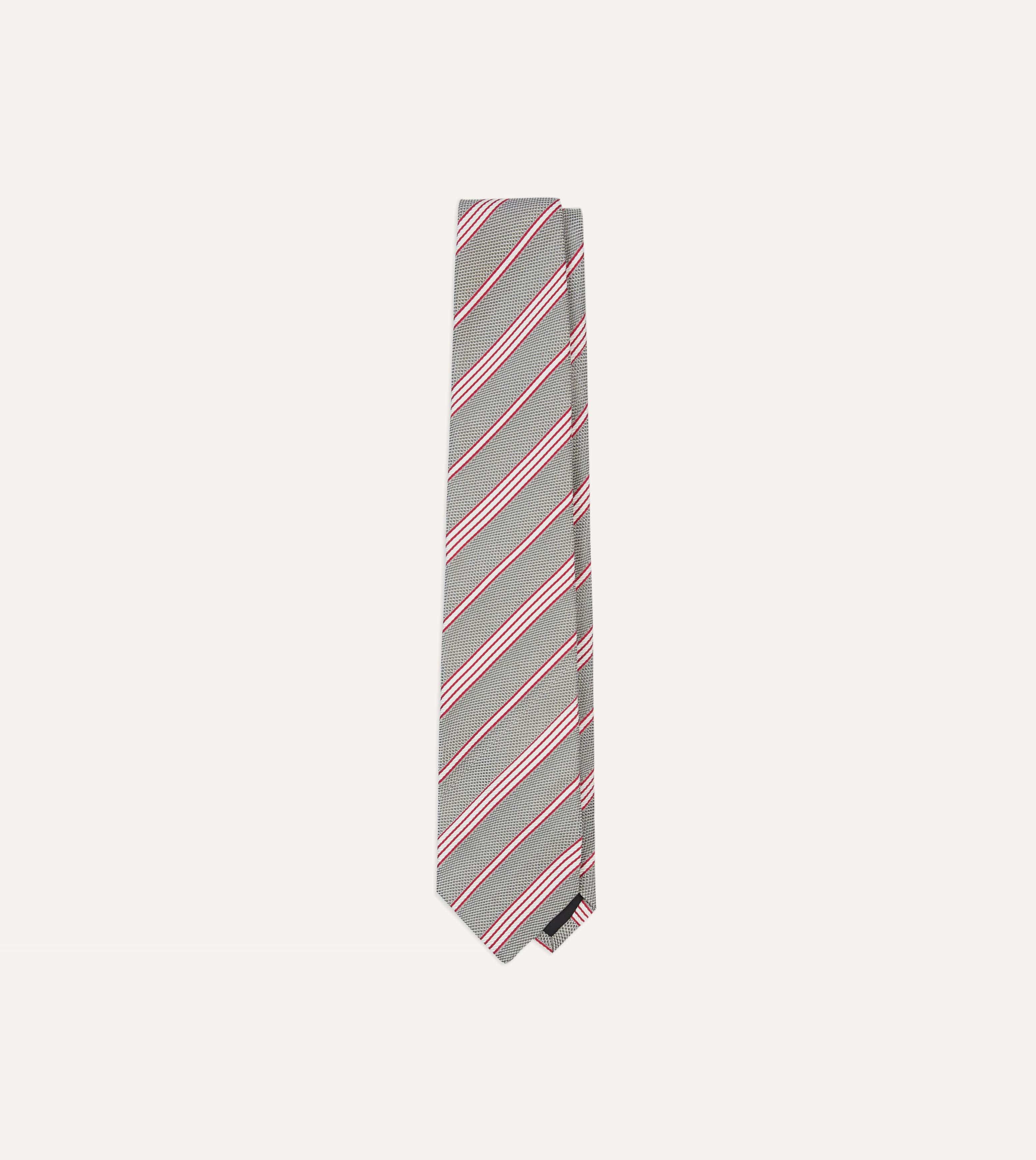 Grey, Red and Ecru Twill Stripe Tipped Silk Grenadine Tie