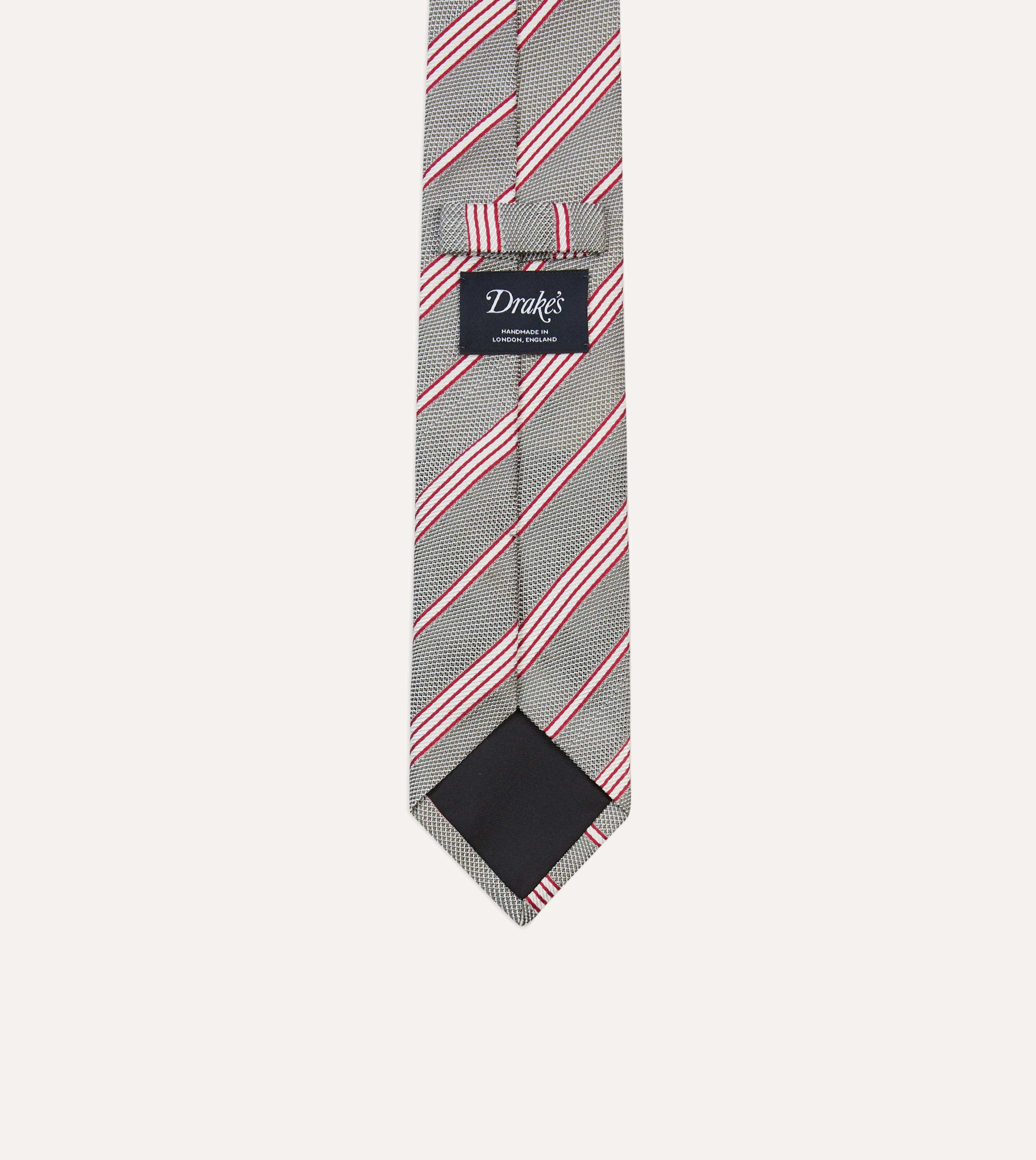 Grey, Red and Ecru Twill Stripe Tipped Silk Grenadine Tie