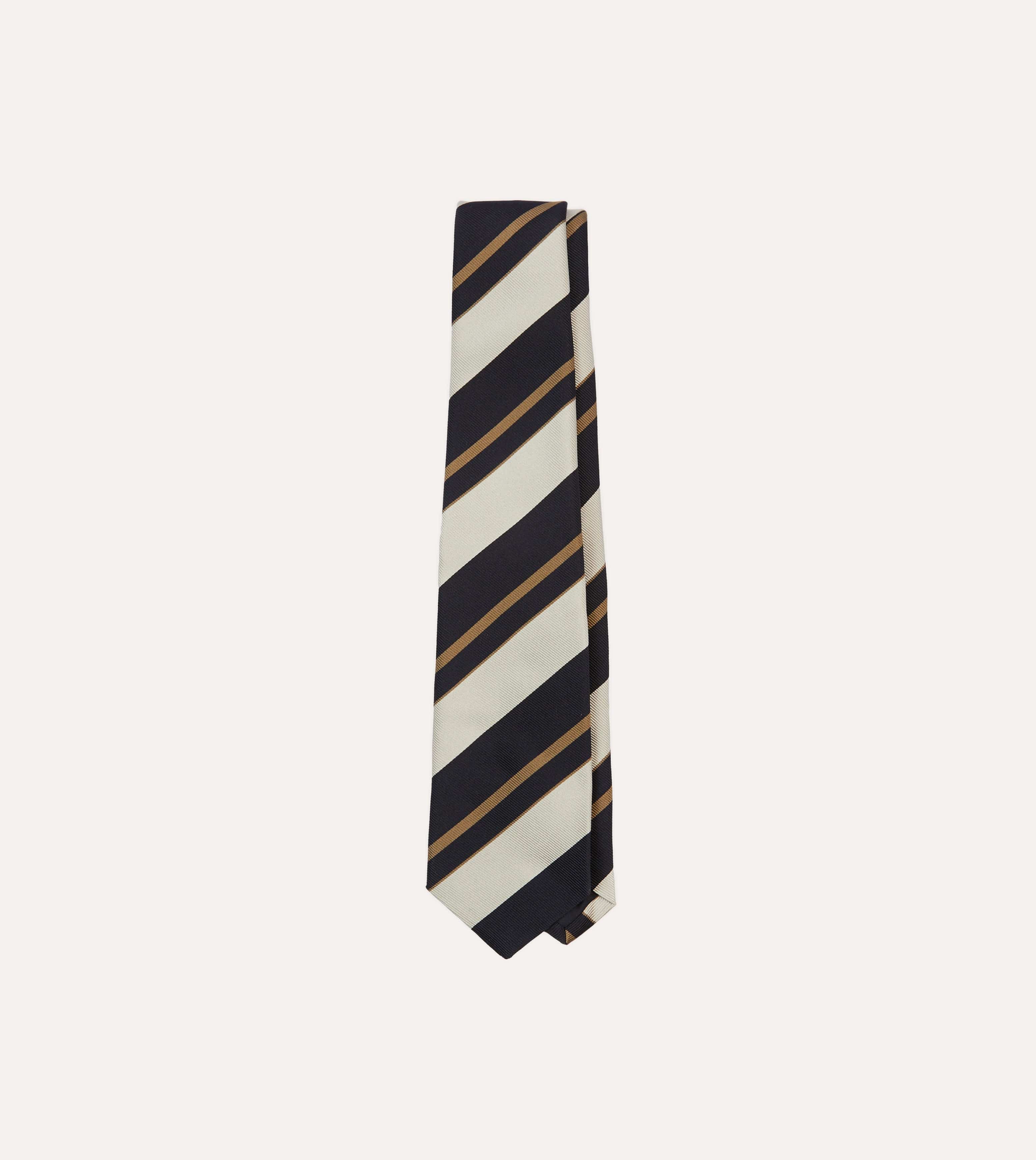 Navy, White and Fawn Stripe Repp Silk Tipped Tie
