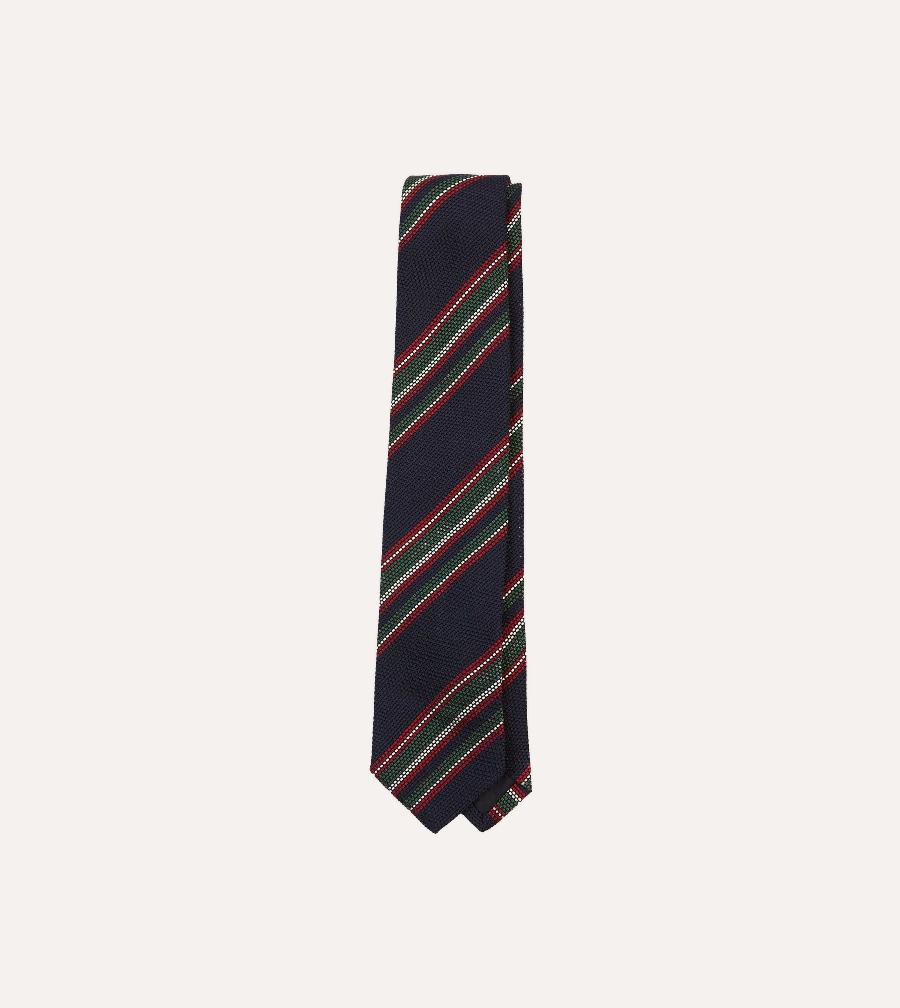 Navy, Green and Red Stripe Hand Rolled Silk Grenadine Tie
