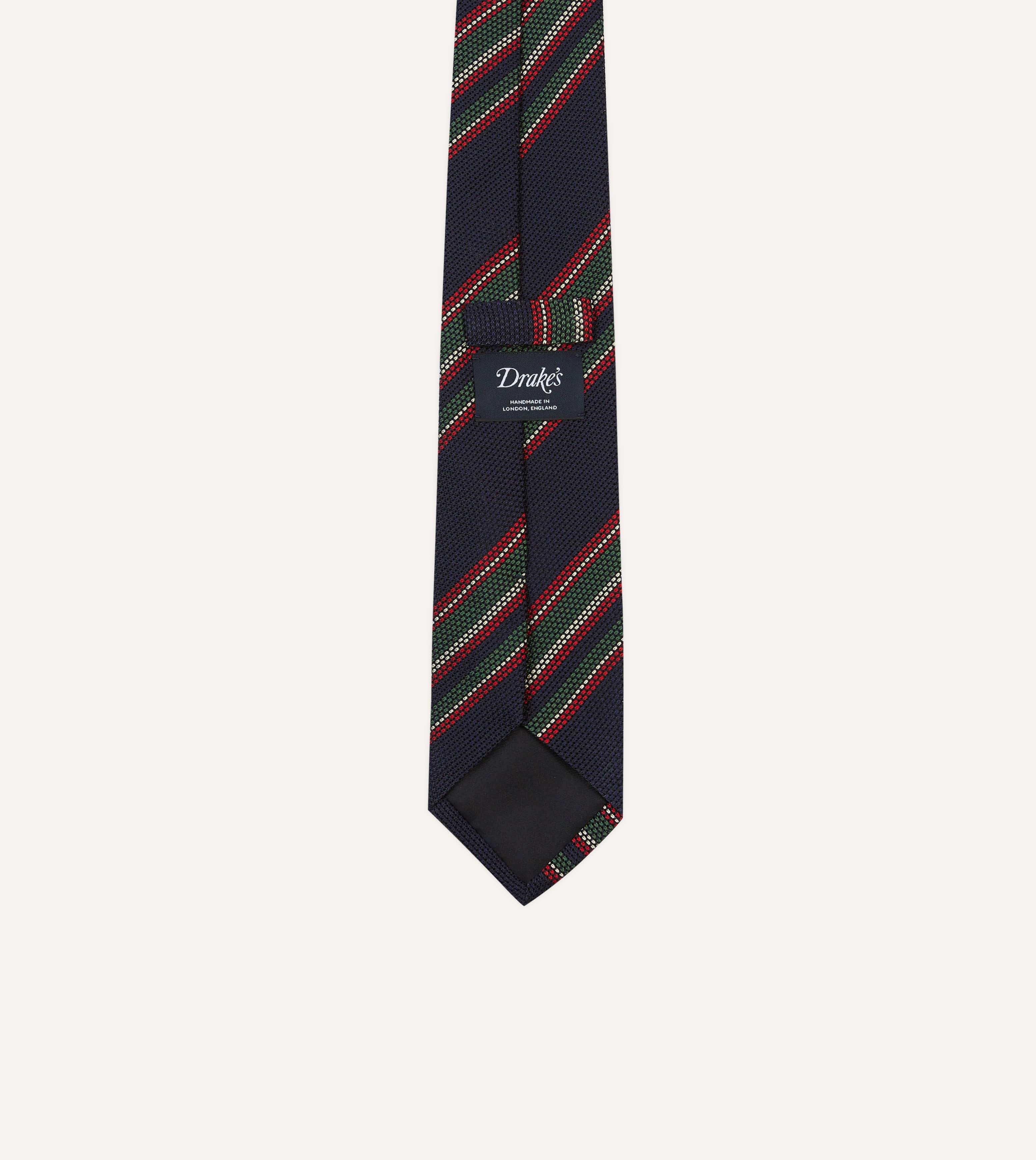 Navy, Green and Red Stripe Hand Rolled Silk Grenadine Tie