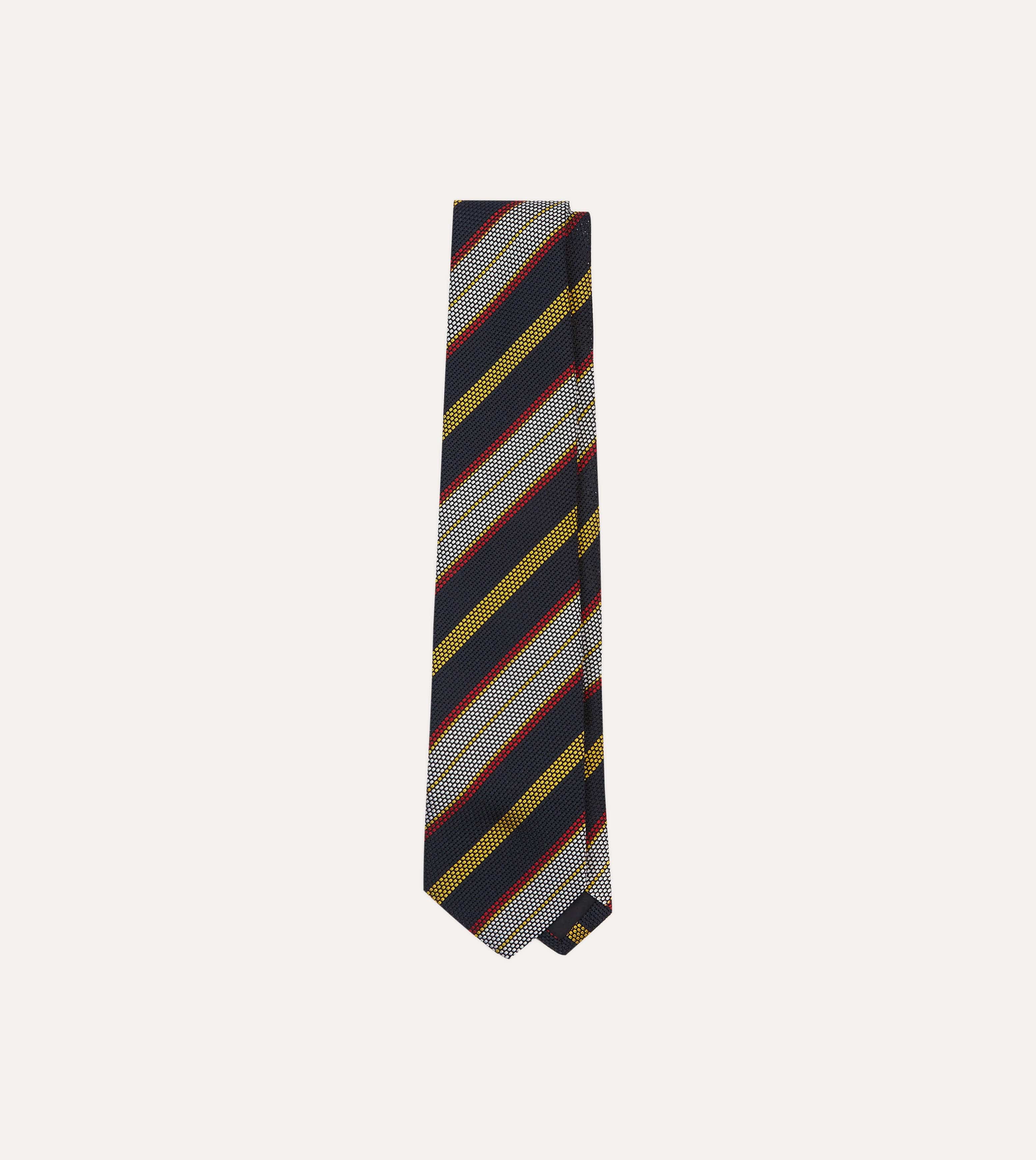 Navy, Yellow, Red and White Multi Stripe Tipped Silk Grenadine Tie