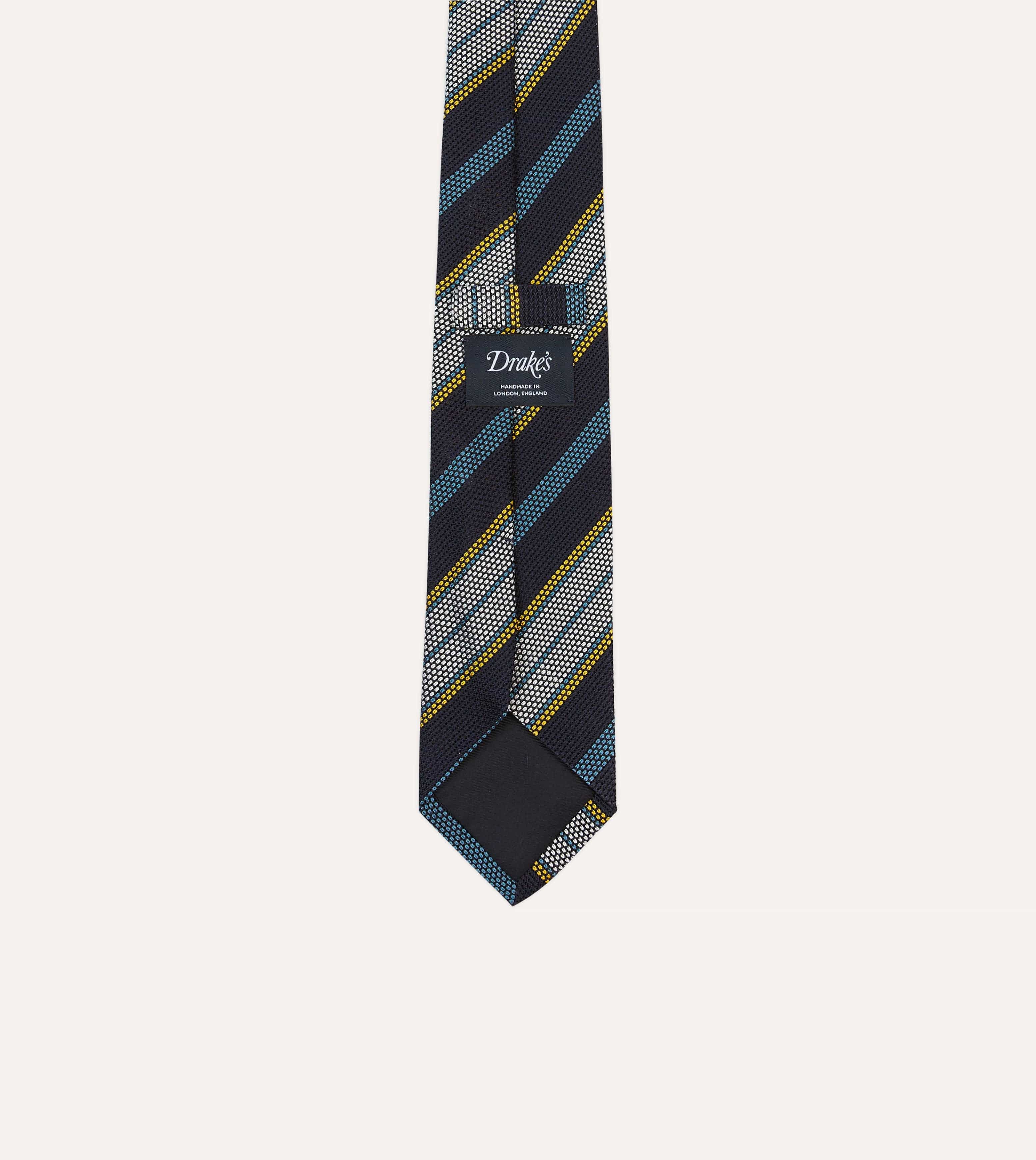 Navy, Blue, Yellow and White Multi Stripe Tipped Silk Grenadine Tie