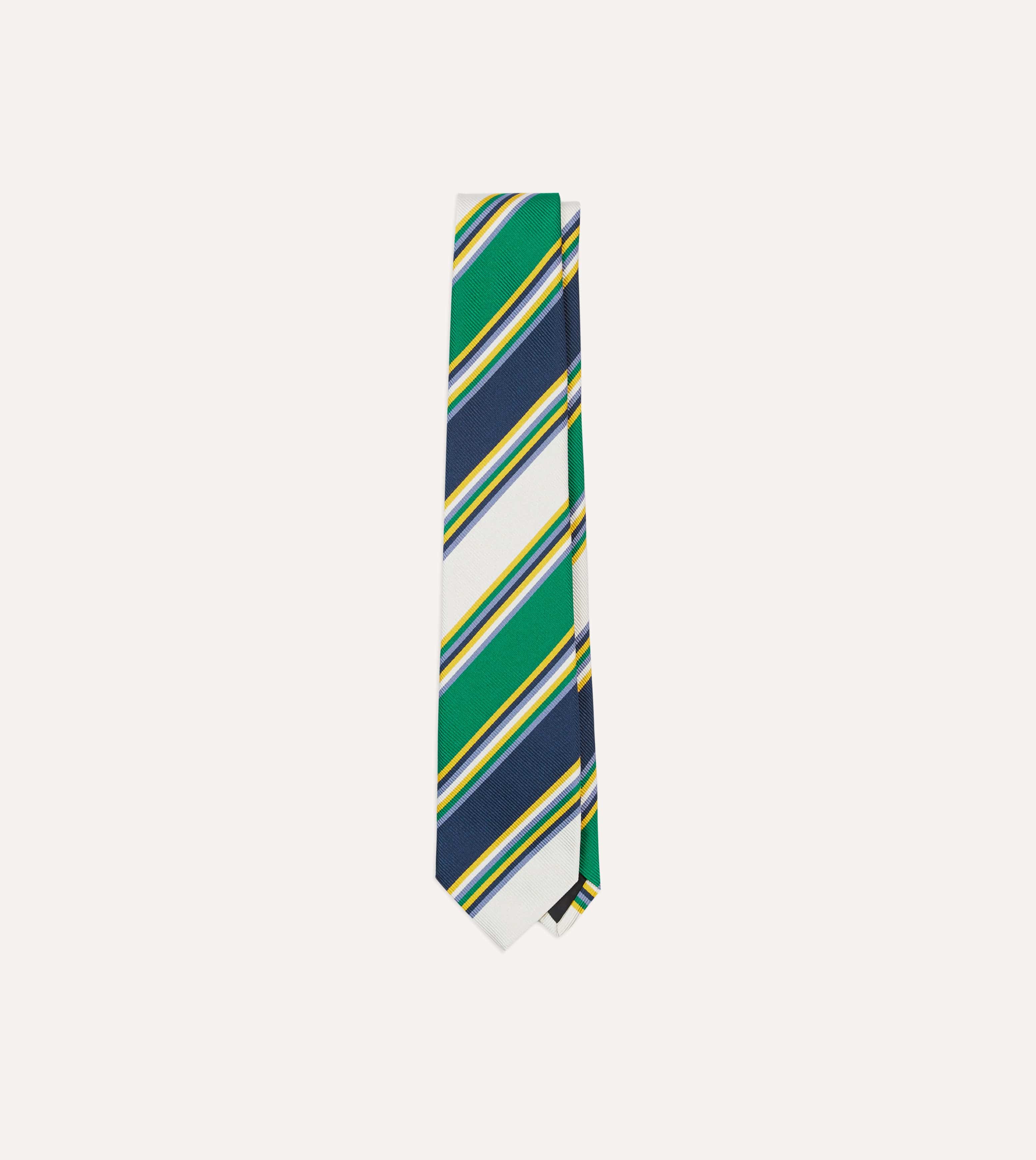 Navy, Green and White Stripe Mogador Silk Tipped Tie
