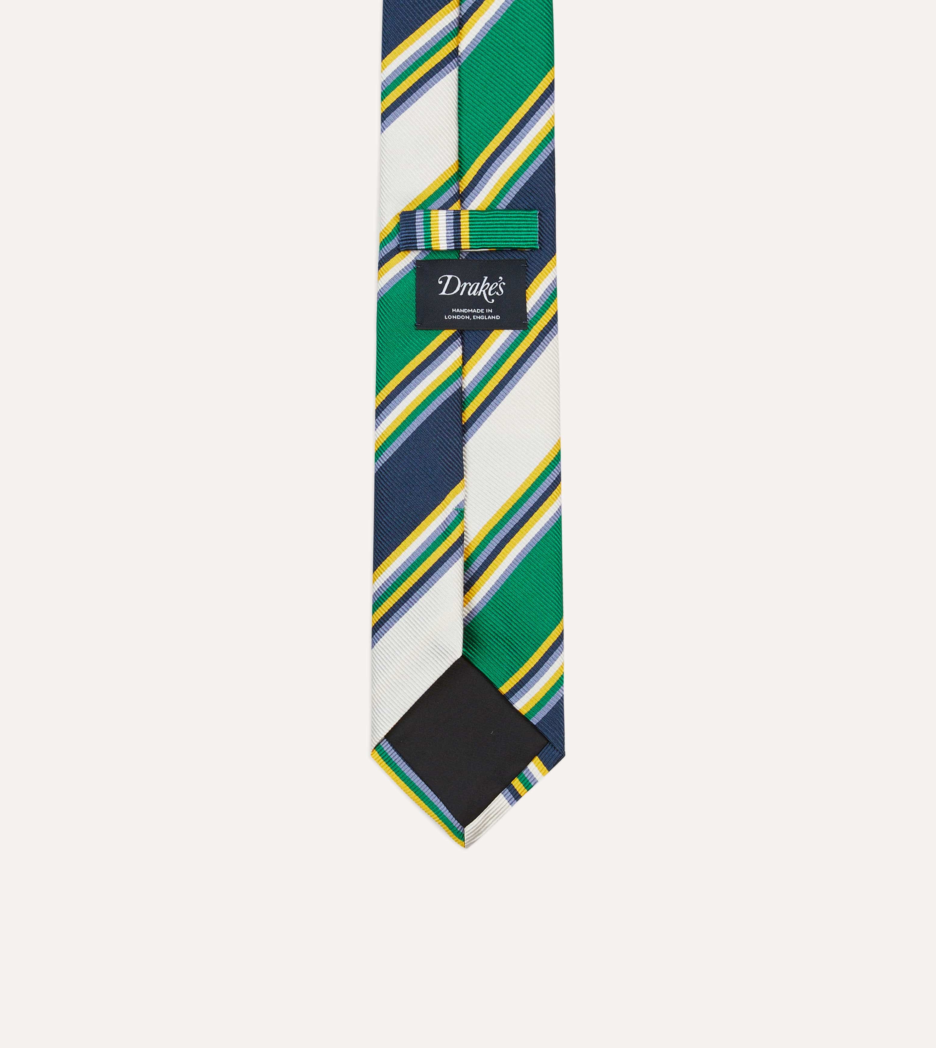 Navy, Green and White Stripe Mogador Silk Tipped Tie