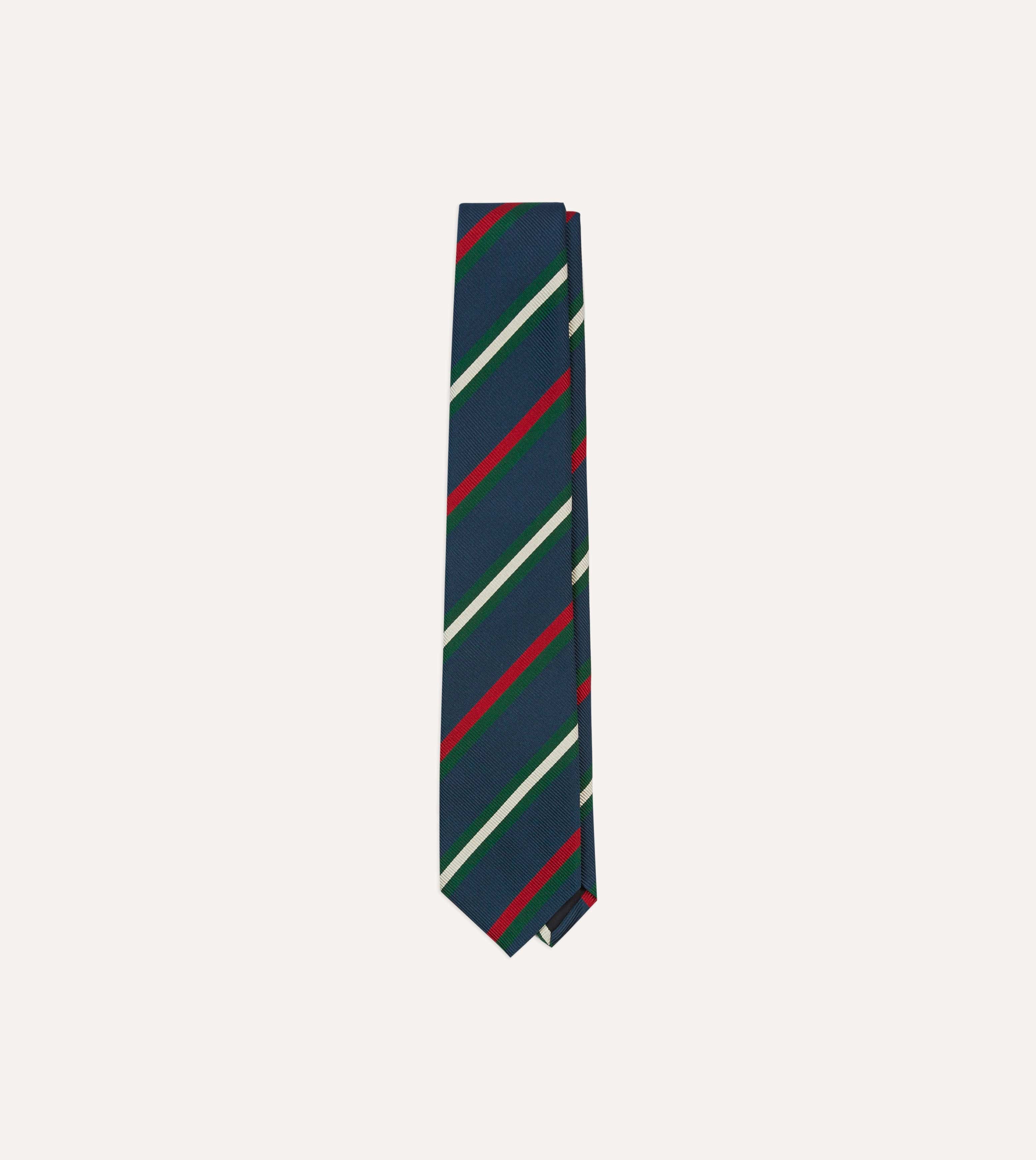 Navy, Green, Red and White Stripe Repp Silk Tipped Tie