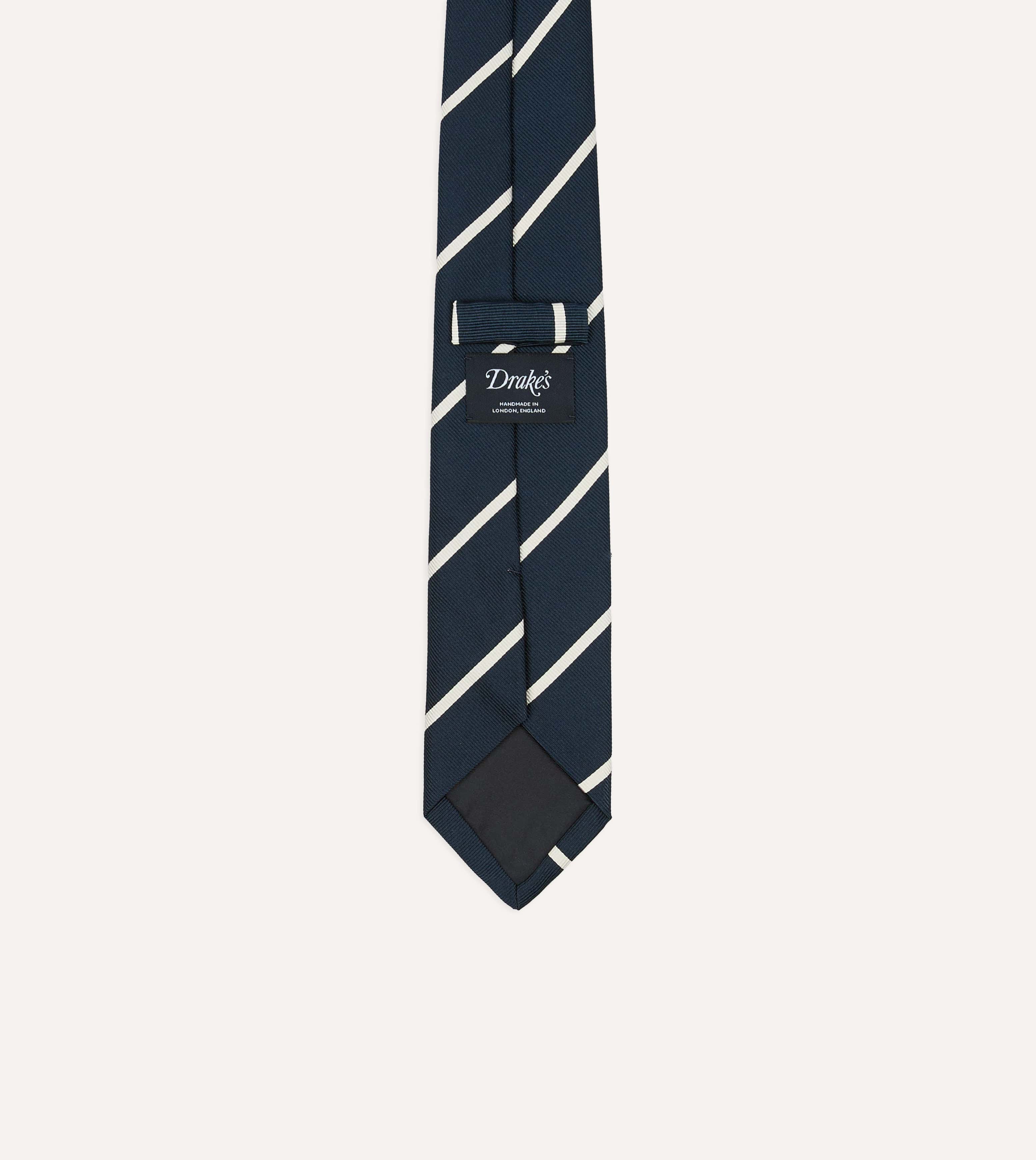 Navy and White Bar Stripe Repp Silk Tipped Tie
