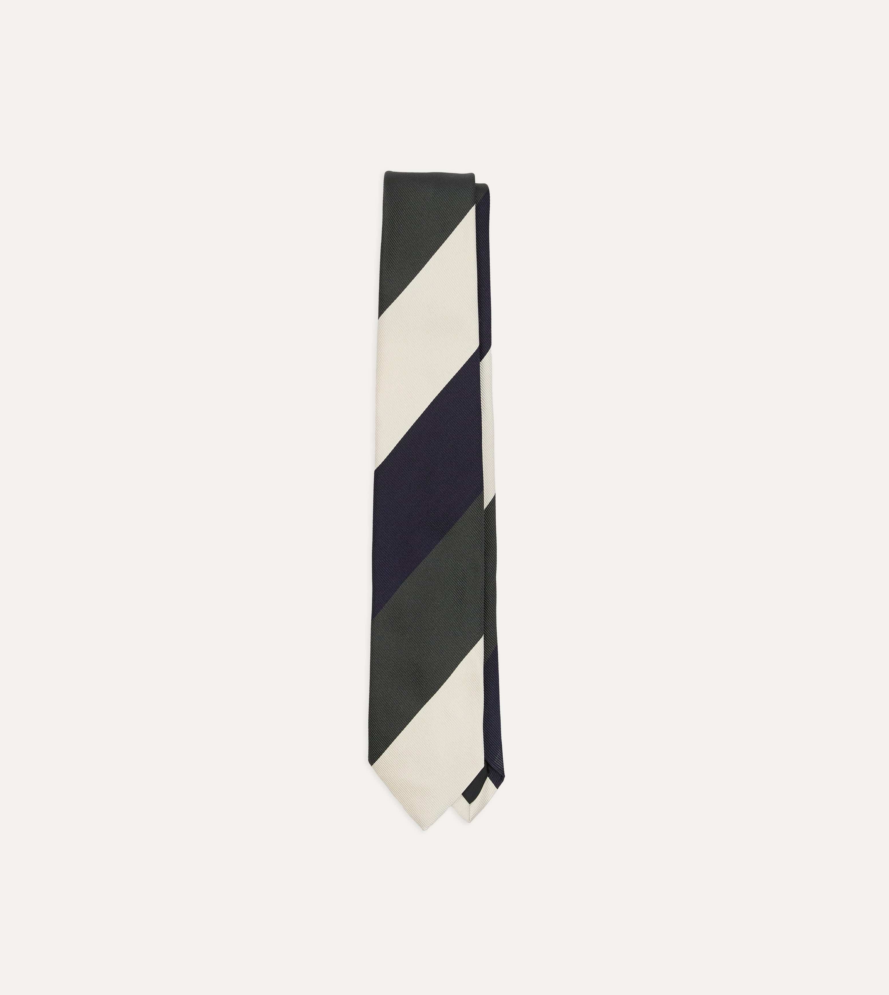 Navy and Ecru Block Stripe Repp Silk Tipped Tie