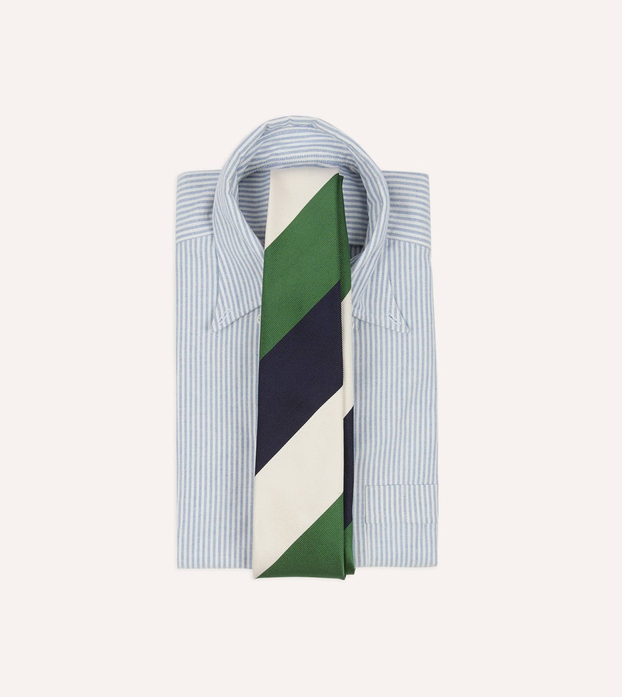 Green, Ecru and Navy Block Stripe Repp Silk Tipped Tie