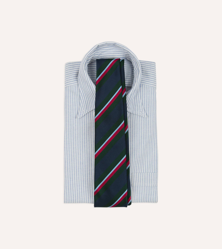 Green and Navy Regimental Stripe Mogador Cotton-Silk Tipped Tie