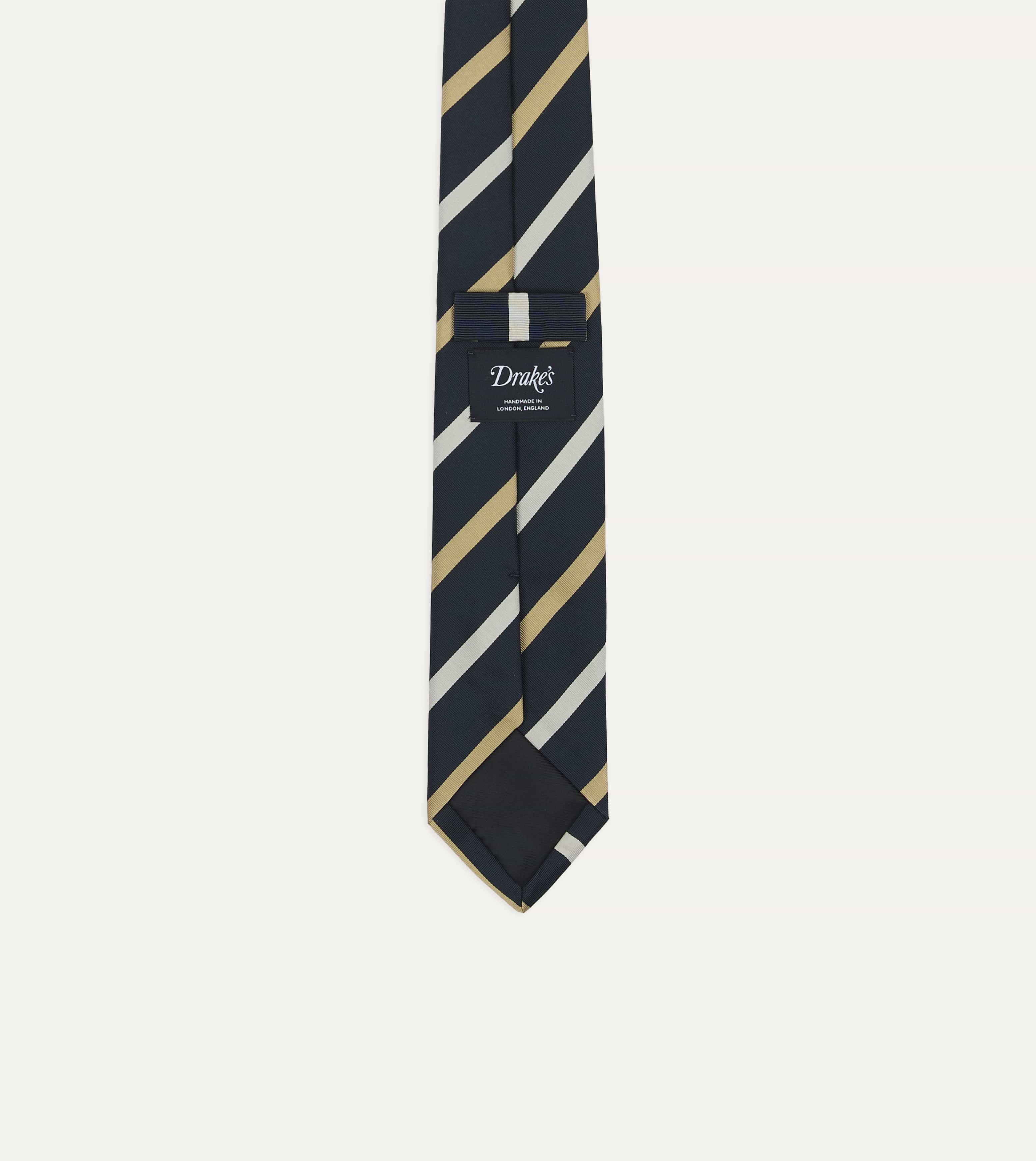 Navy, White and Sand Stripe Mogador Cotton-Silk Tipped Tie