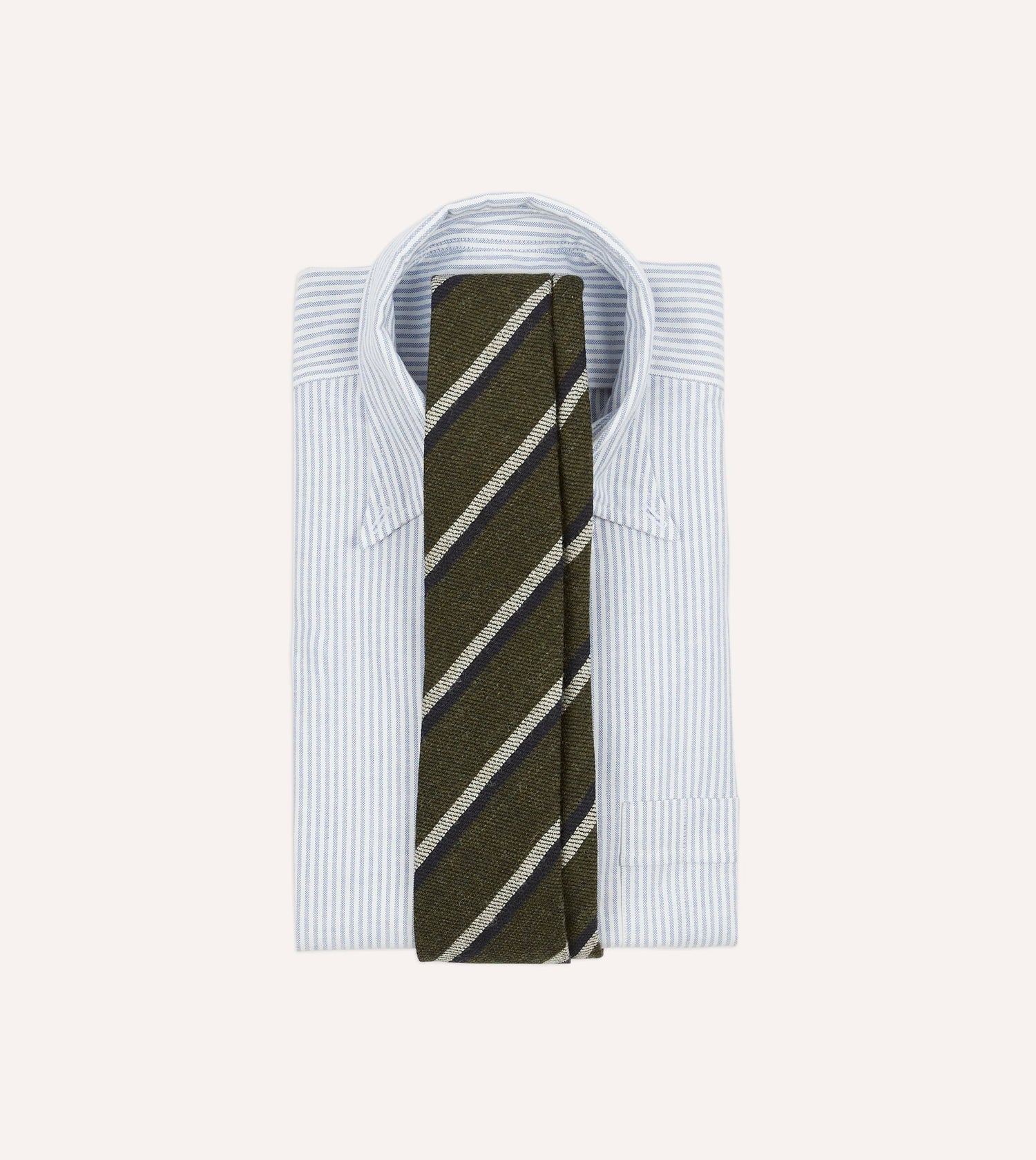 Green and Navy Sandwich Stripe Hand Rolled Shetland Wool Tie