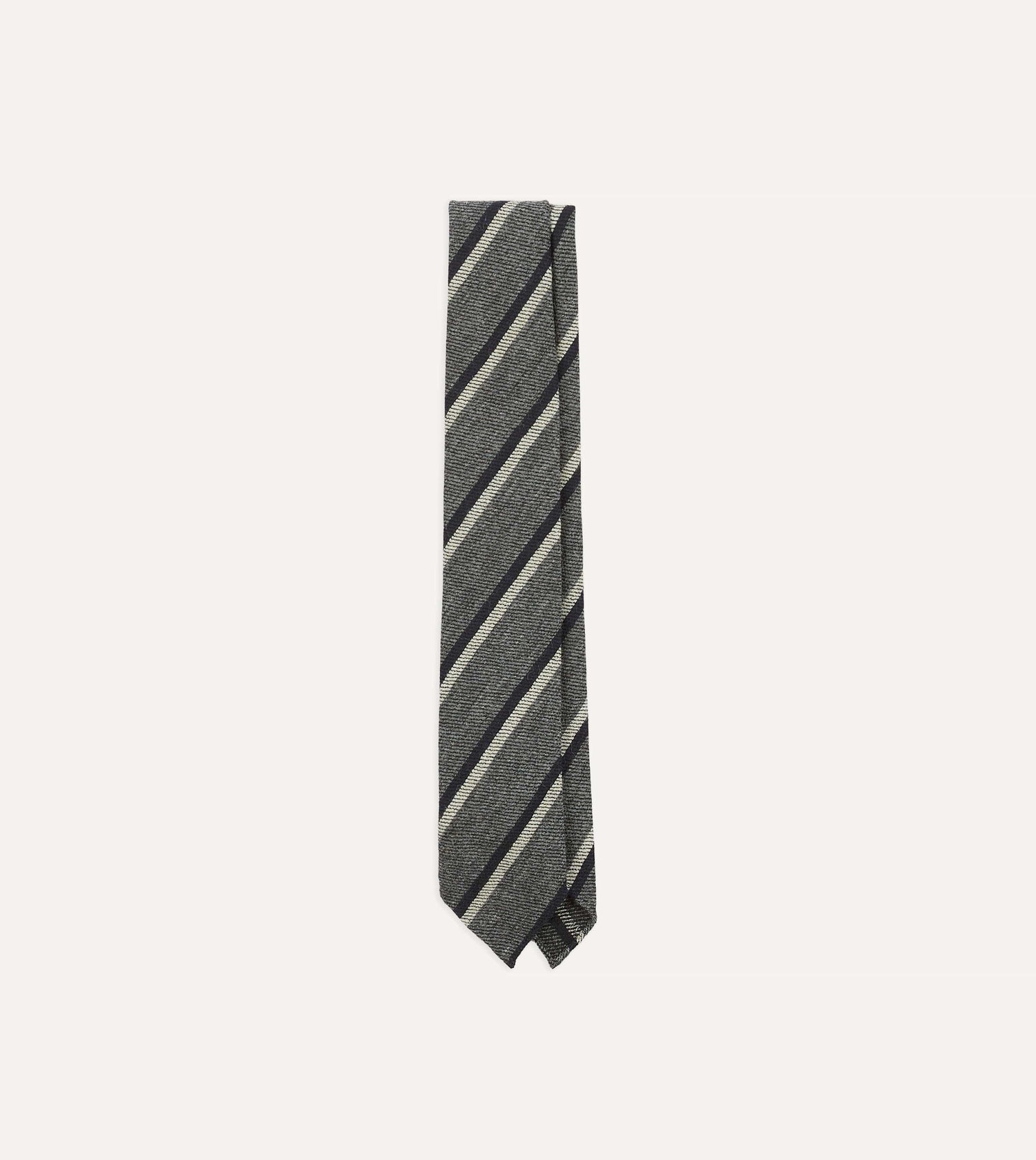 Grey and Navy Sandwich Stripe Hand Rolled Shetland Wool Tie