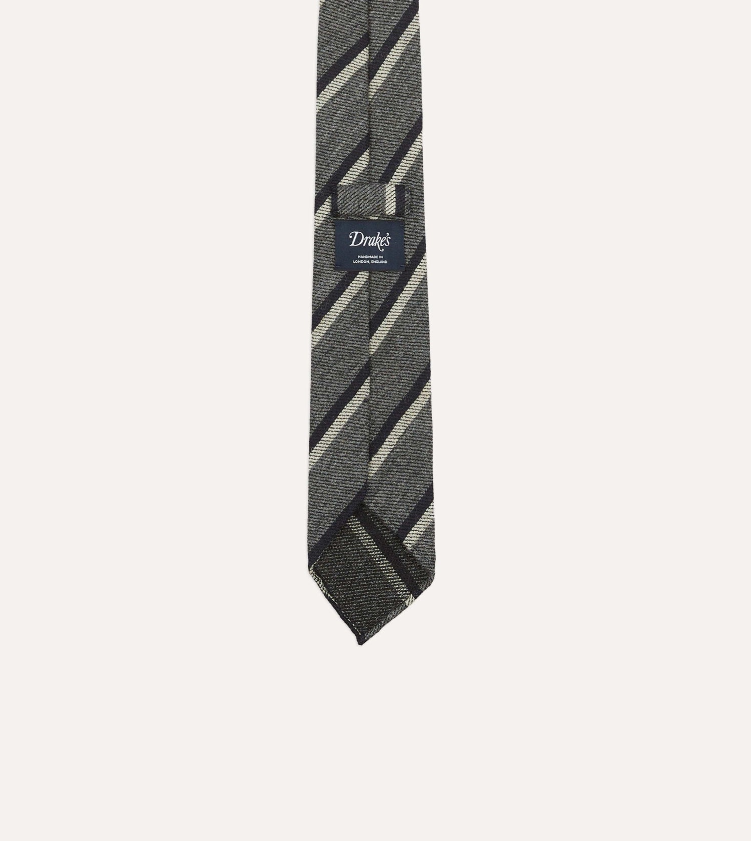Grey and Navy Sandwich Stripe Hand Rolled Shetland Wool Tie