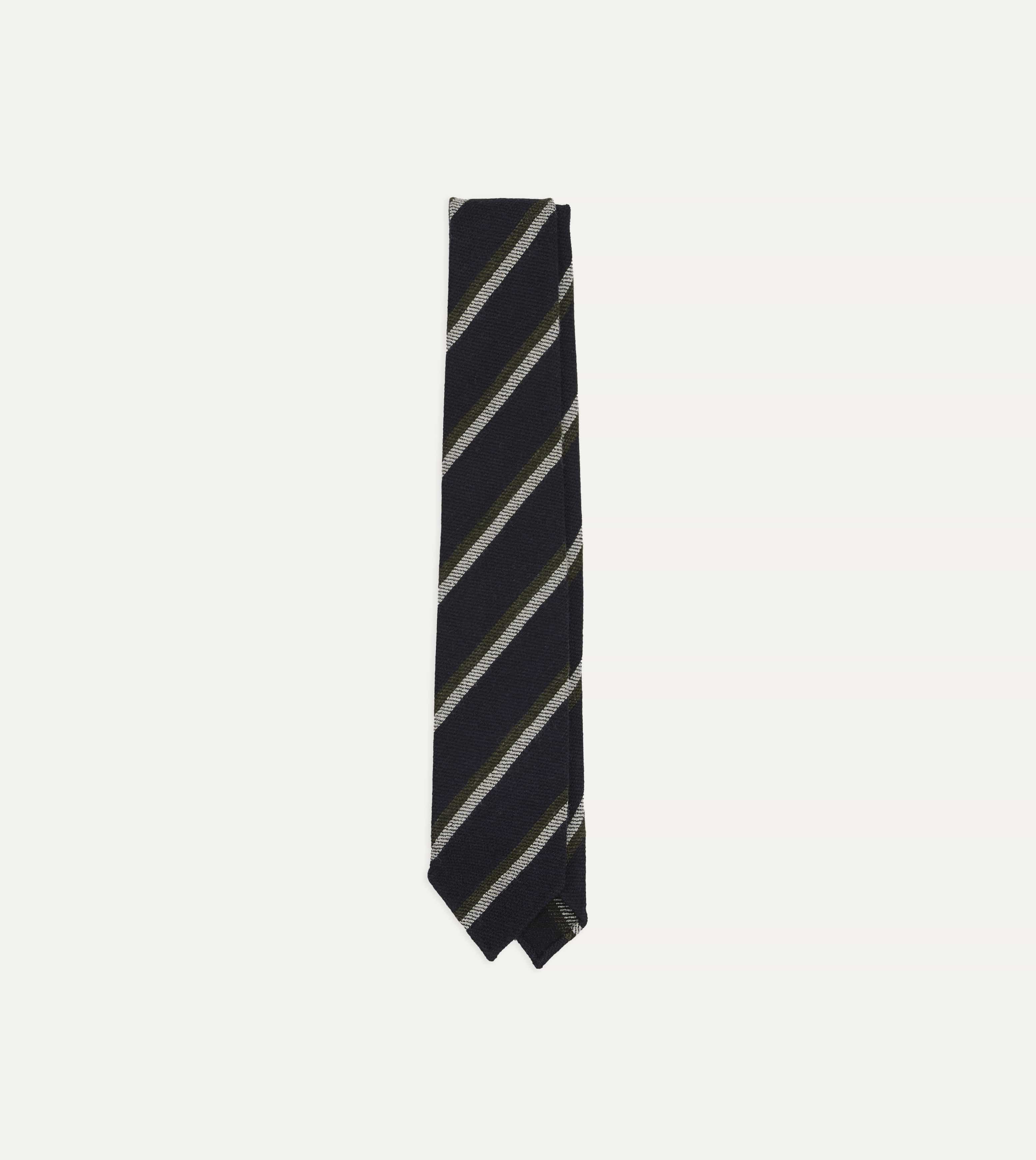 Navy, White and Green Sandwich Stripe Hand Rolled Shetland Wool Tie