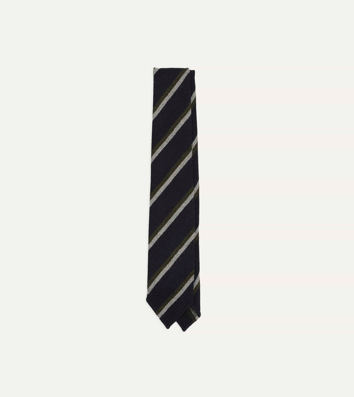 Navy, White and Green Sandwich Stripe Hand Rolled Shetland Wool Tie