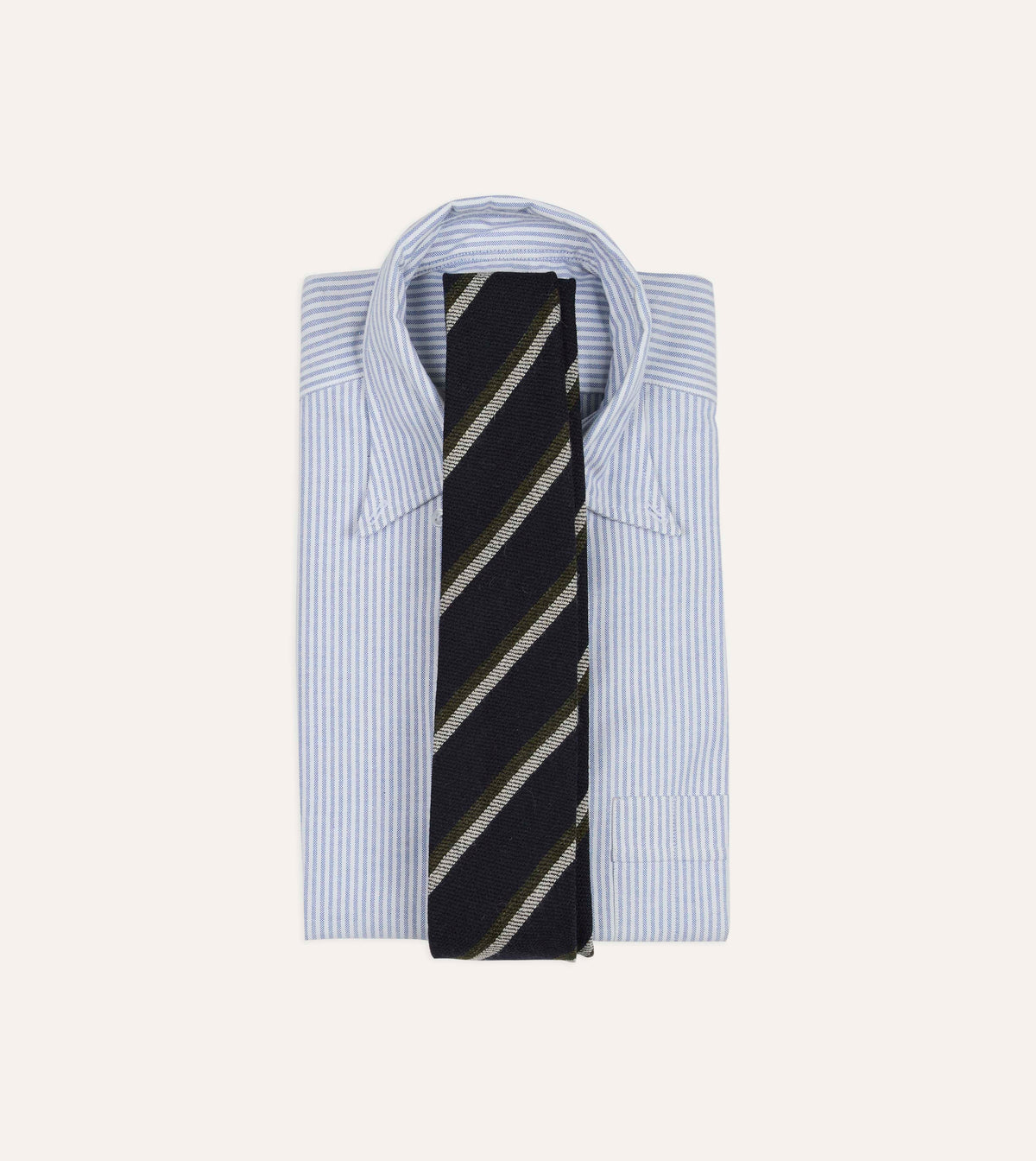 Navy, White and Green Sandwich Stripe Hand Rolled Shetland Wool Tie