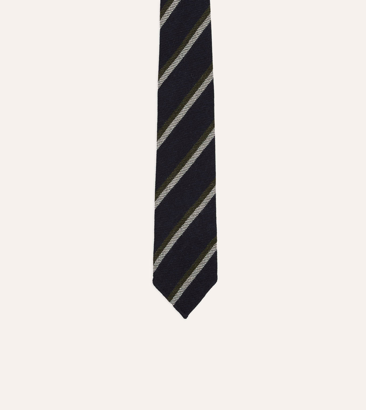 Navy, White and Green Sandwich Stripe Hand Rolled Shetland Wool Tie