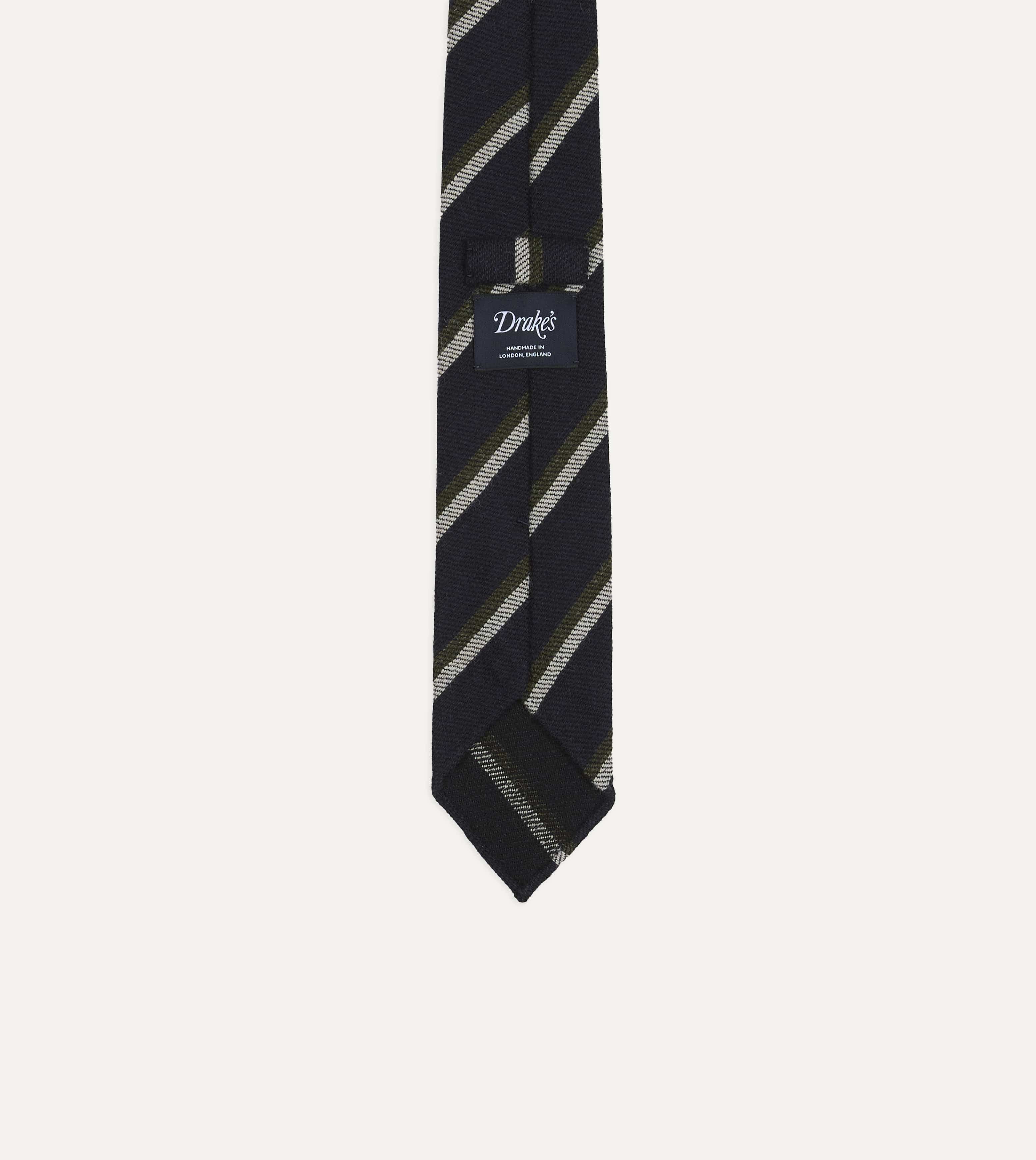 Navy, White and Green Sandwich Stripe Hand Rolled Shetland Wool Tie