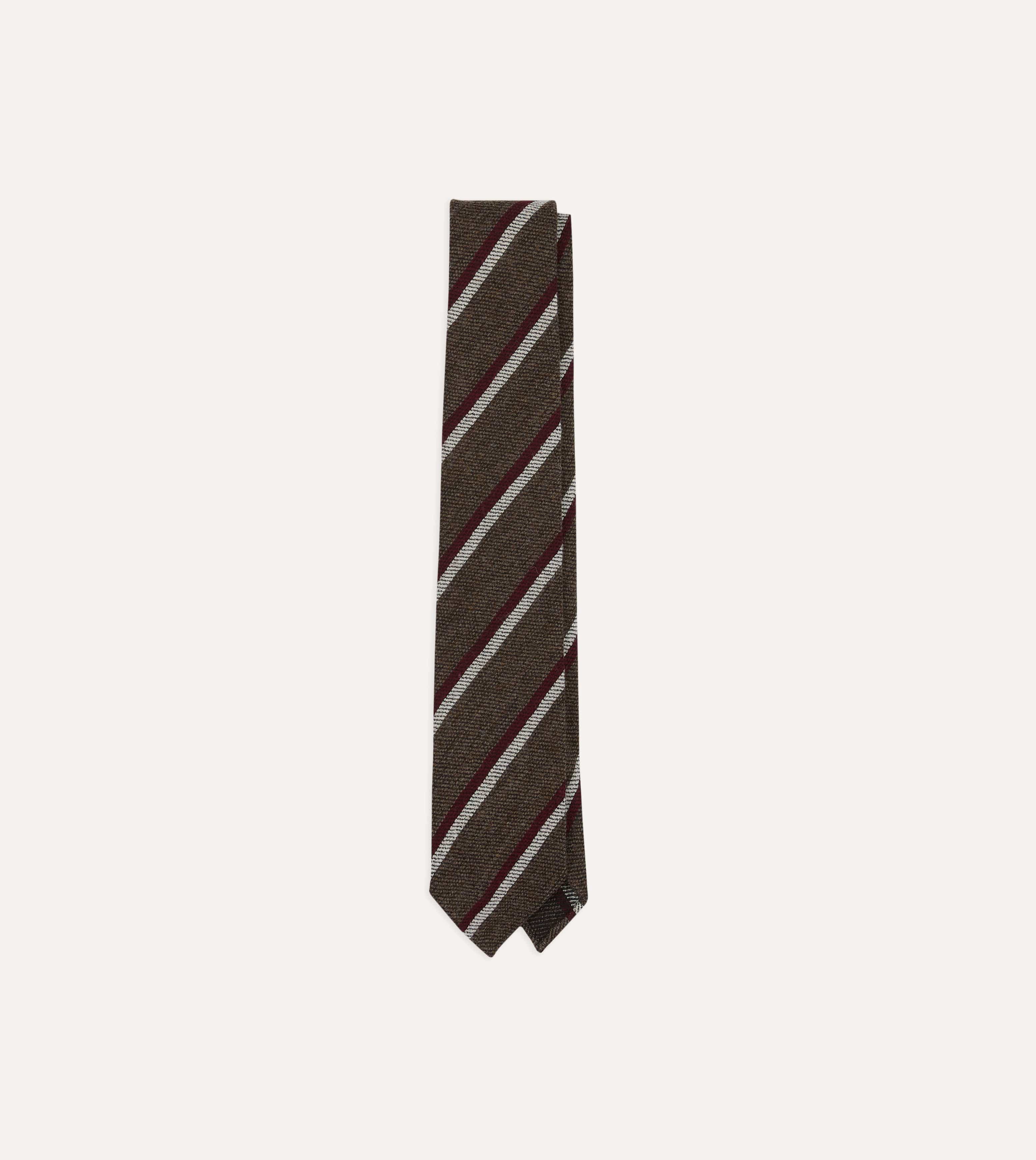 Brown, Red and White Sandwich Stripe Hand Rolled Shetland Wool Tie