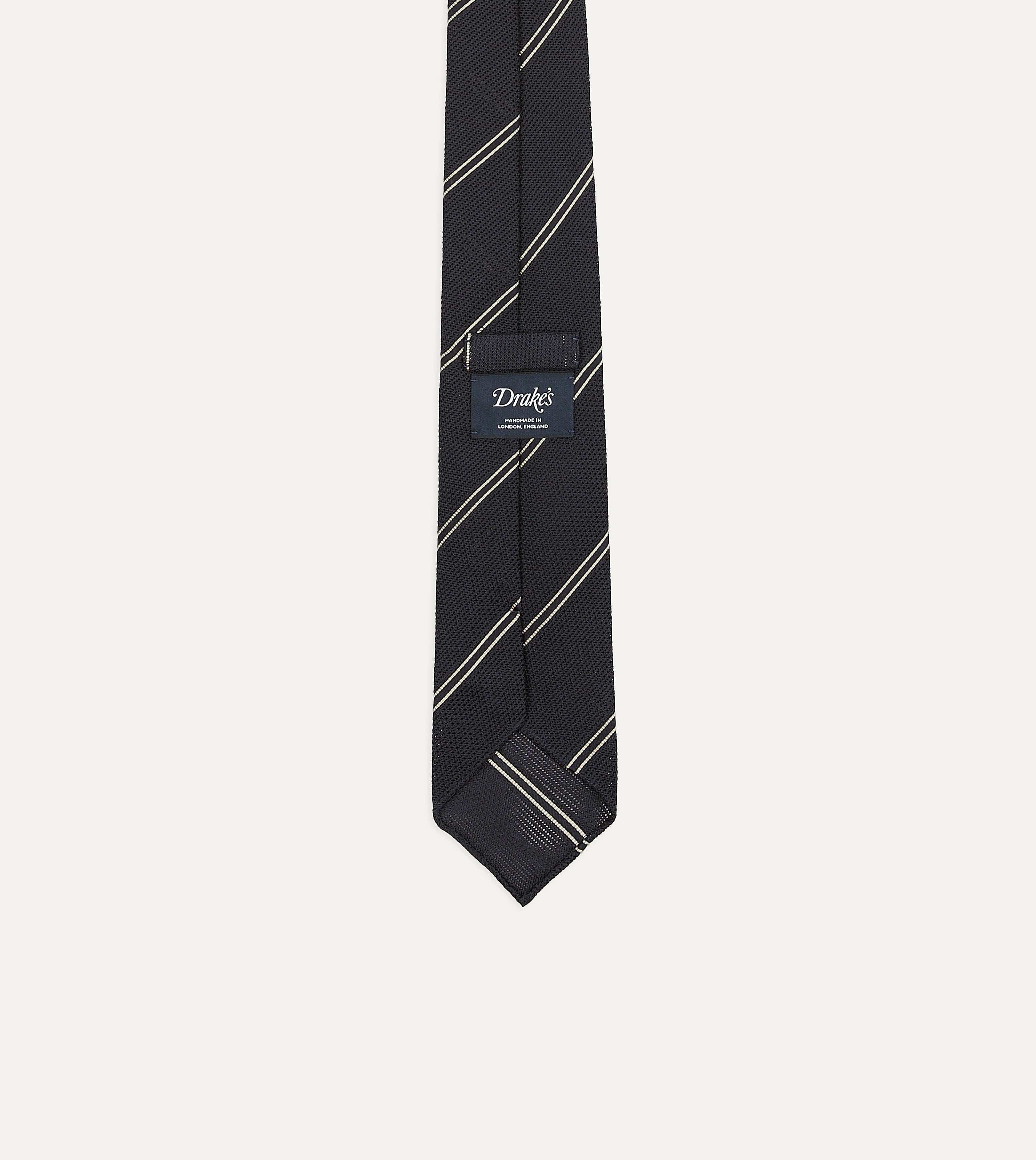 Navy and Silver Sandwich Stripe Hand Rolled Silk Grenadine Tie