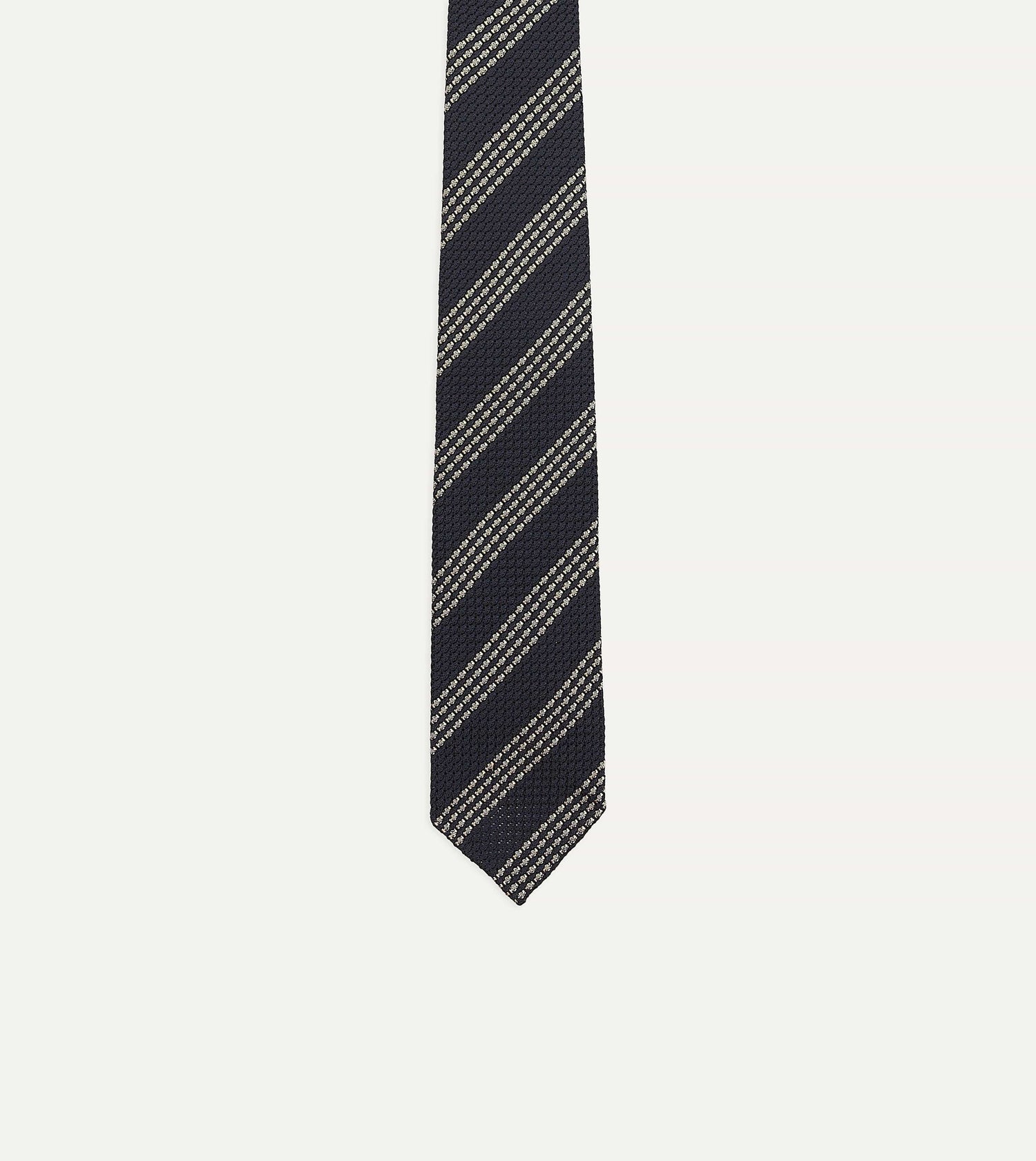 Navy and Silver Stripe Hand Rolled Large Knot Grenadine Tie
