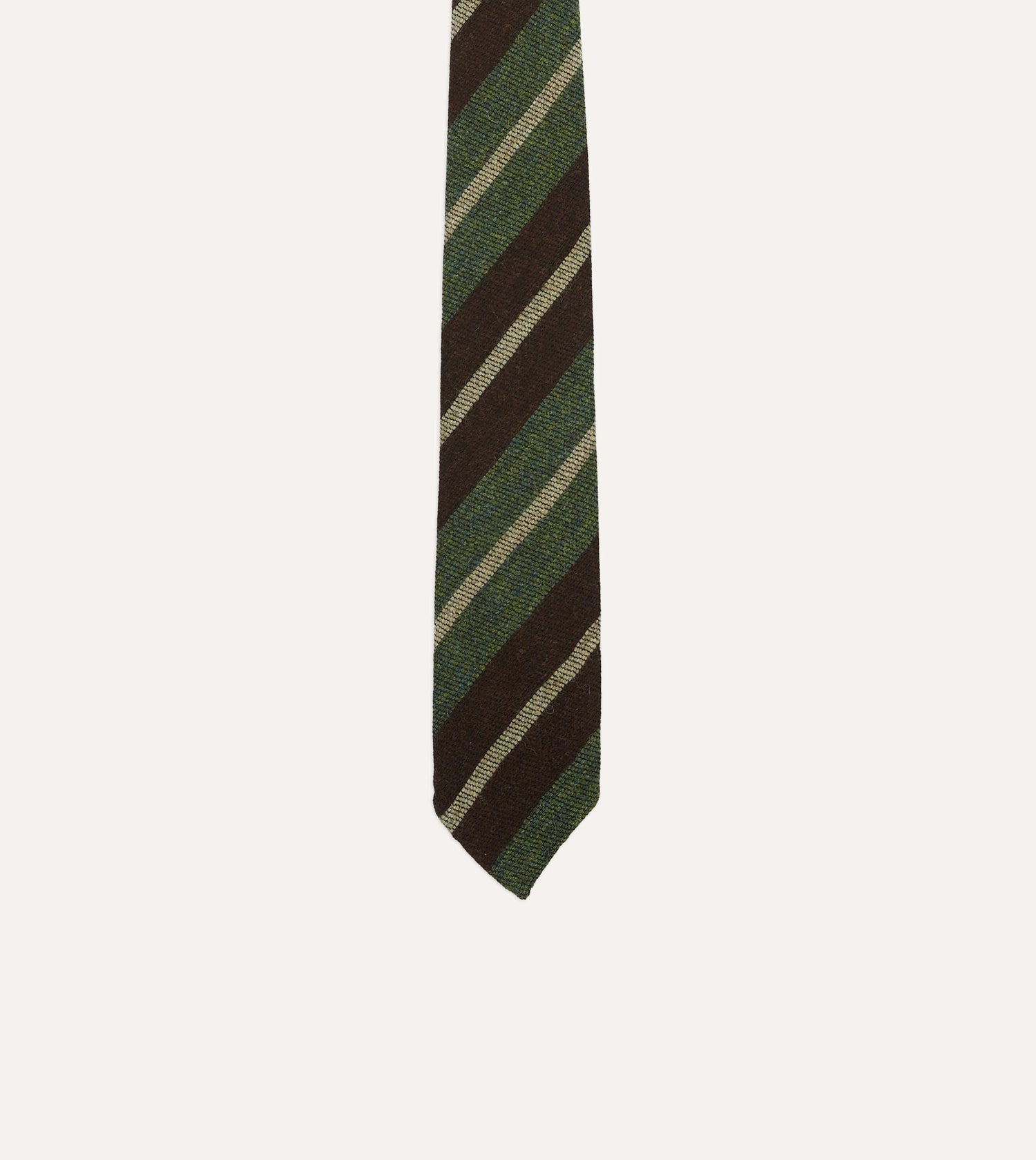Brown and Green Block Stripe Herringbone Hand Rolled Shetland Wool Tie