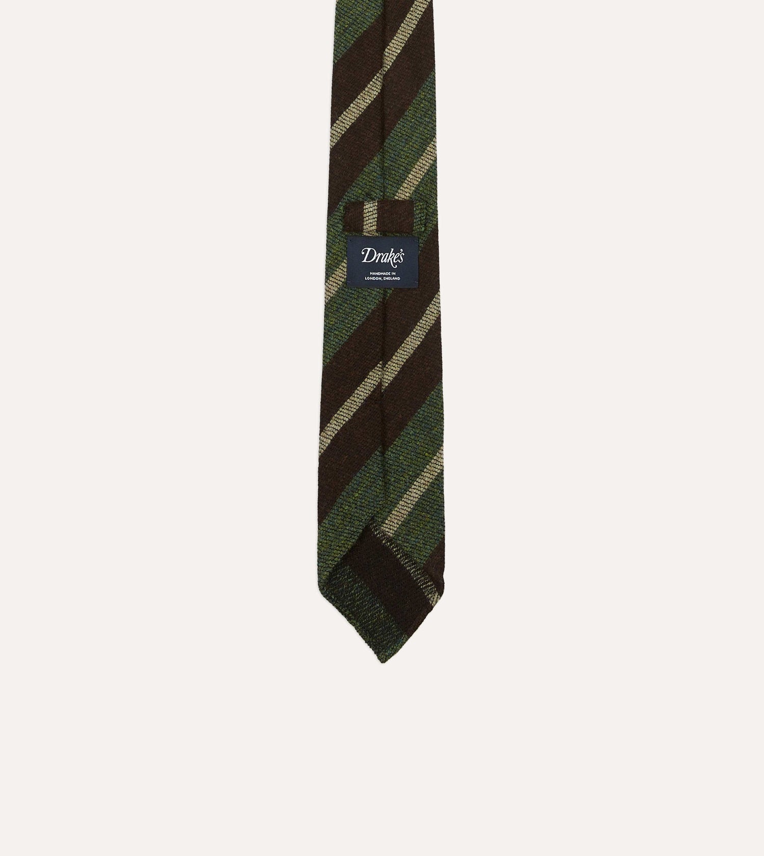 Brown and Green Block Stripe Herringbone Hand Rolled Shetland Wool Tie
