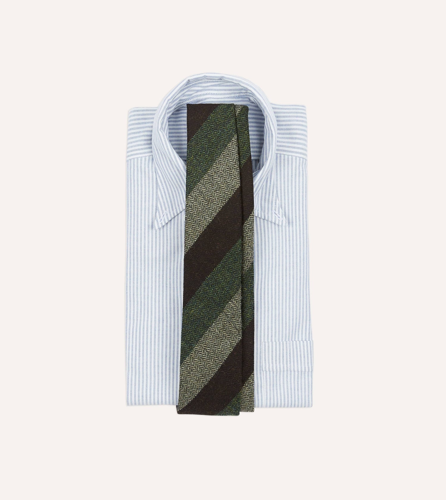 Brown and Green Thick Stripe Herringbone Hand Rolled Shetland Wool Tie