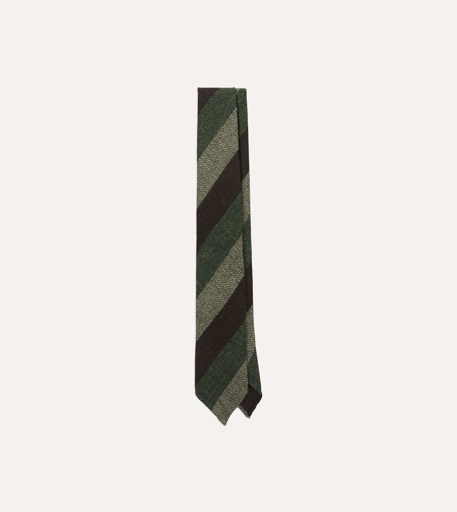 Brown and Green Thick Stripe Herringbone Hand Rolled Shetland Wool Tie
