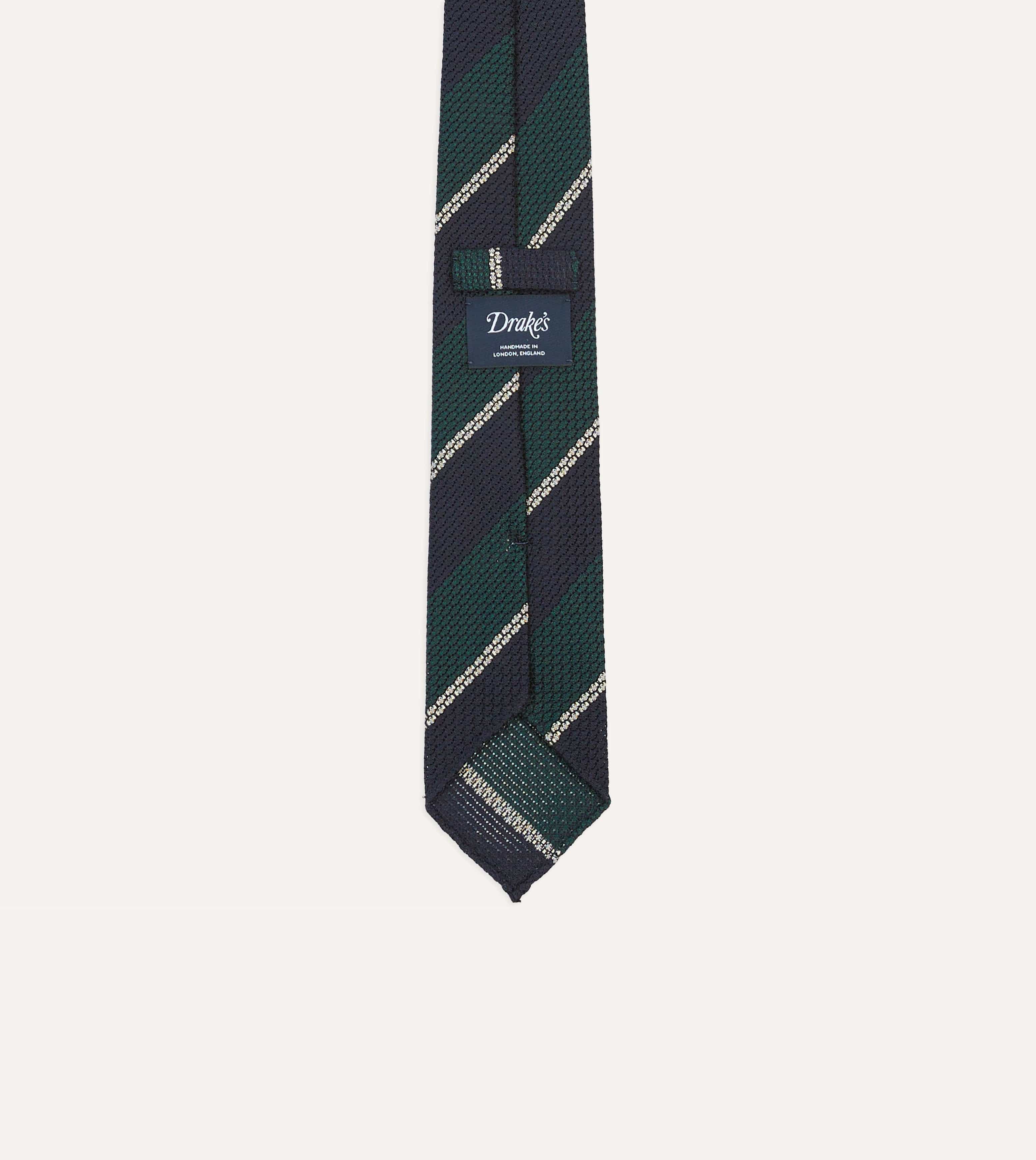 Navy, Green and White Multi Stripe Hand Rolled Silk Grenadine Tie