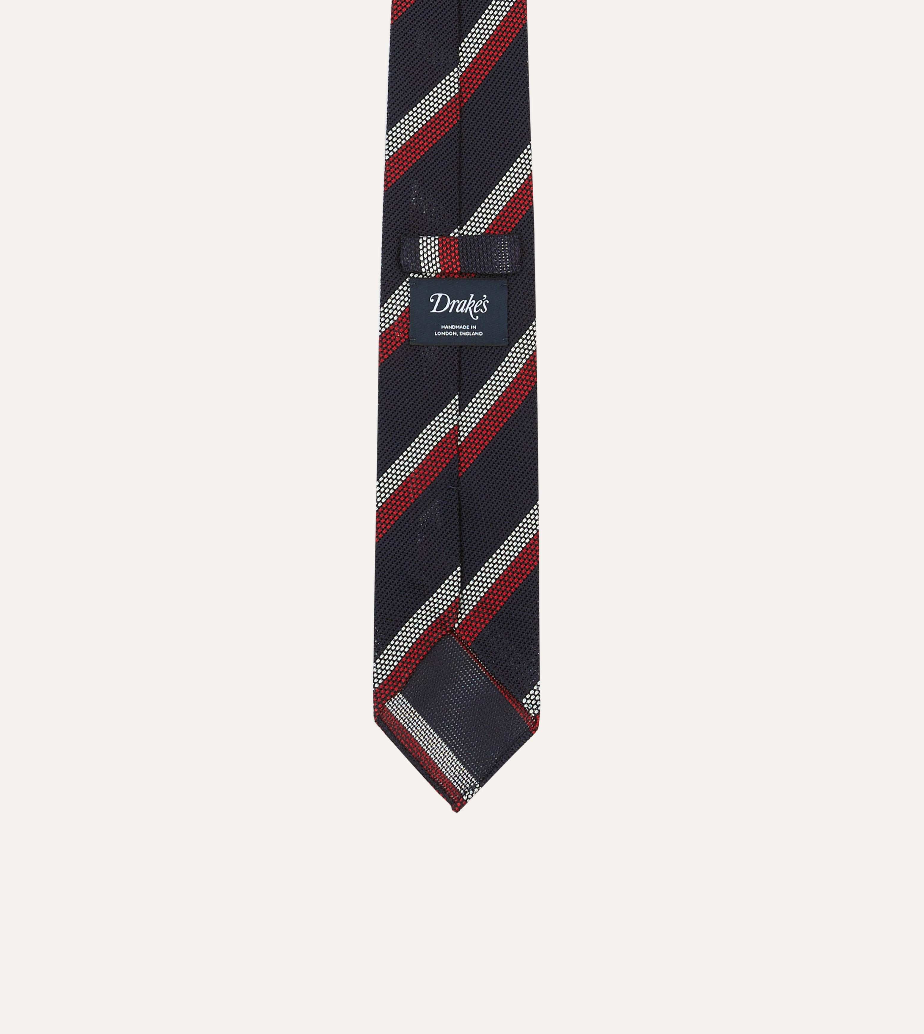 Navy, Red and White Double Stripe Hand Rolled Silk Grenadine Tie